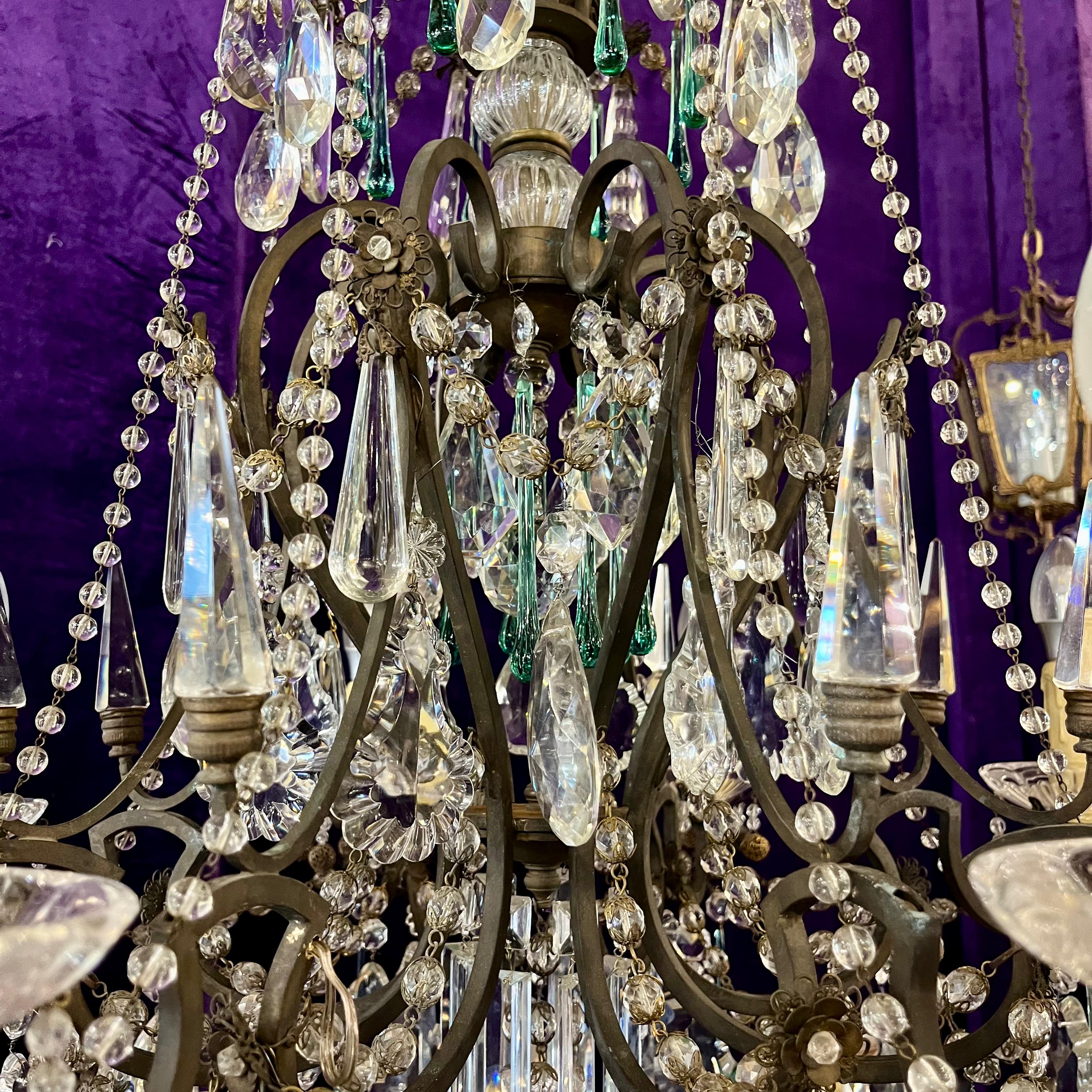 Antique Brass Chandelier with Original and Coloured Crystal, c.1900