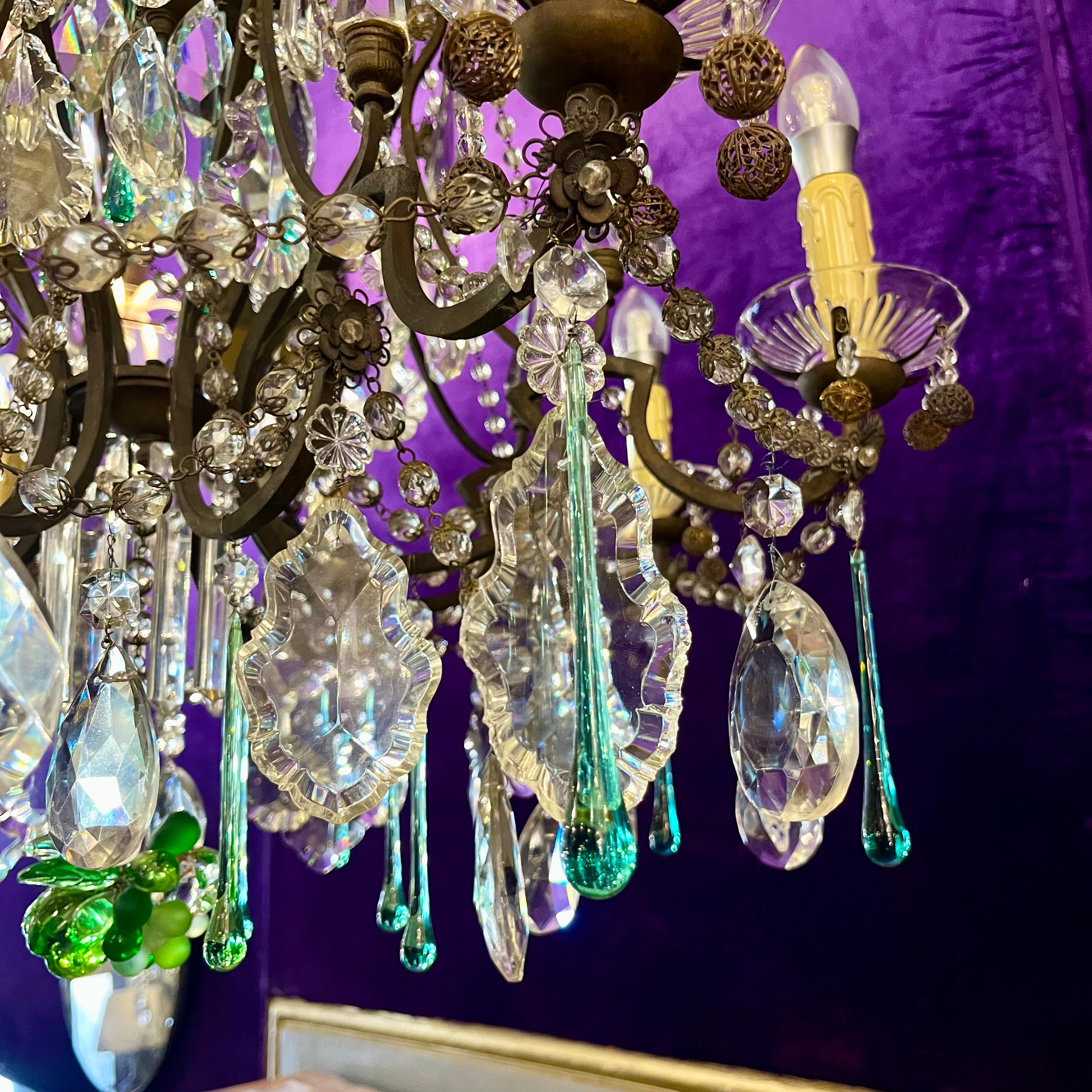 Antique Brass Chandelier with Original and Coloured Crystal, c.1900