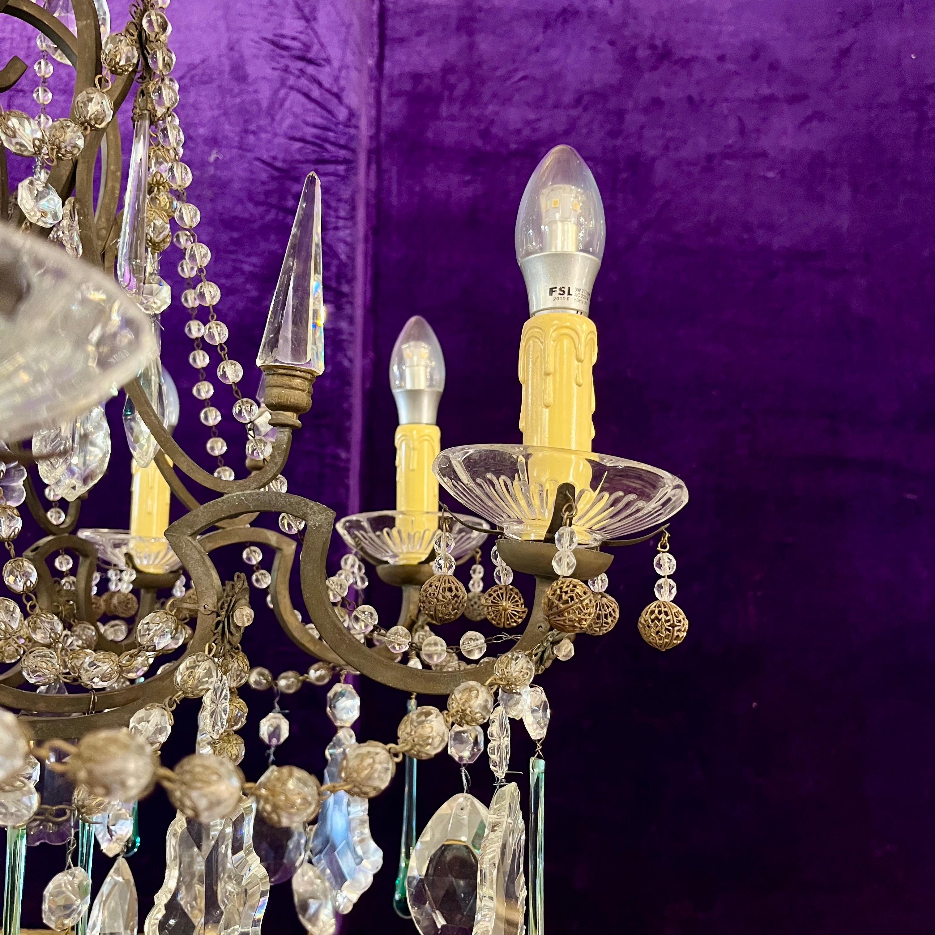 Antique Brass Chandelier with Original and Coloured Crystal, c.1900