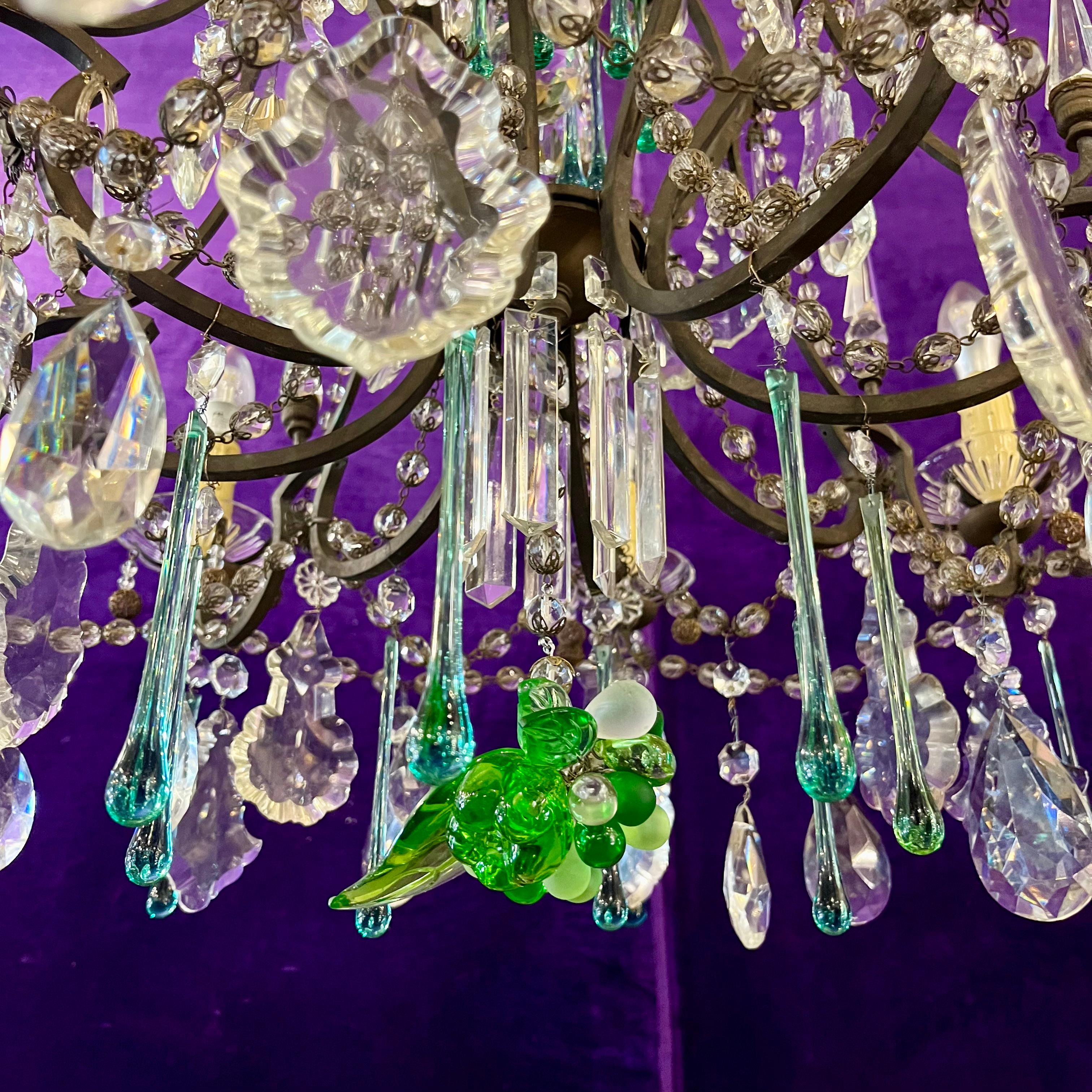 Antique Brass Chandelier with Original and Coloured Crystal, c.1900