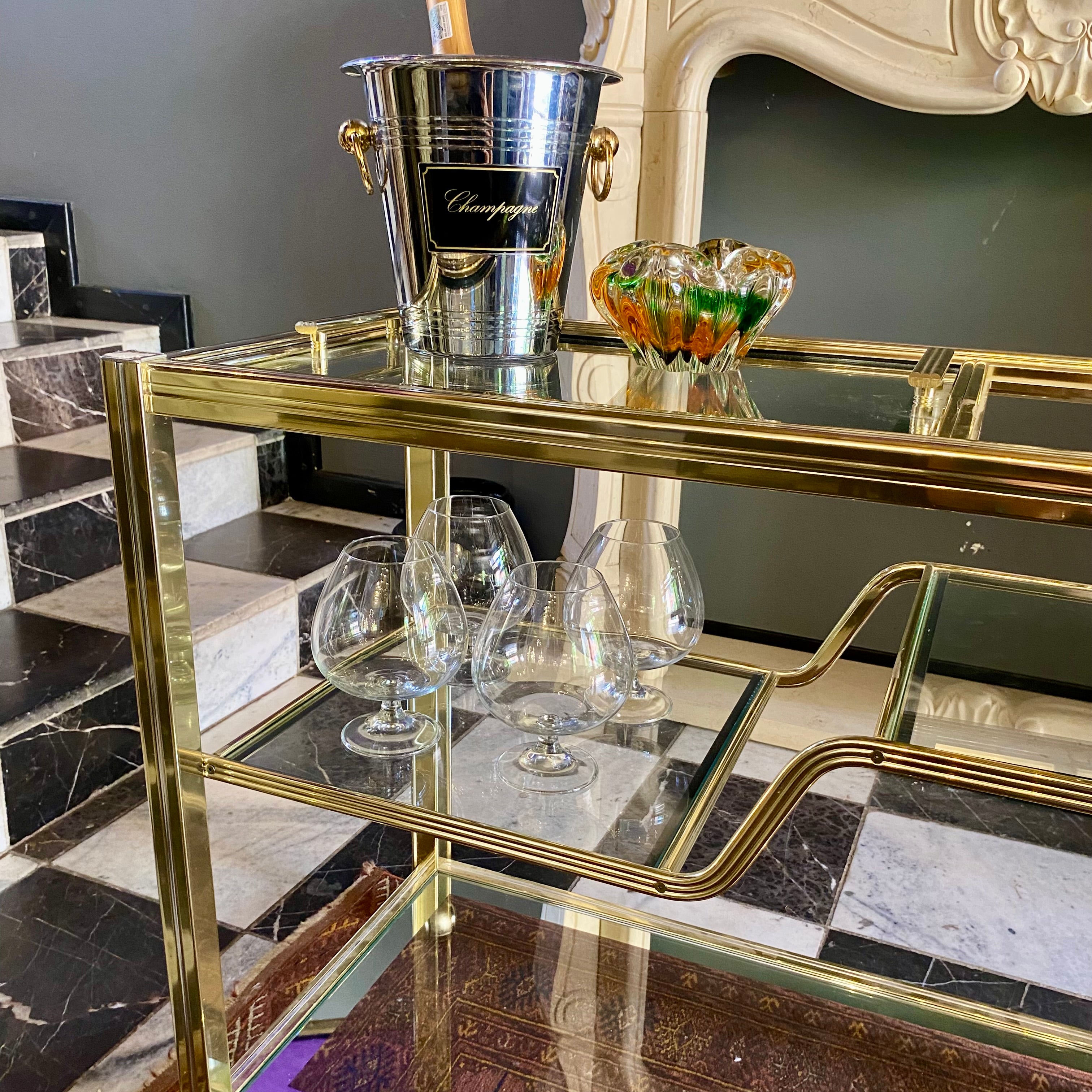 Amazing Vintage Brass and Glass Drinks Trolley