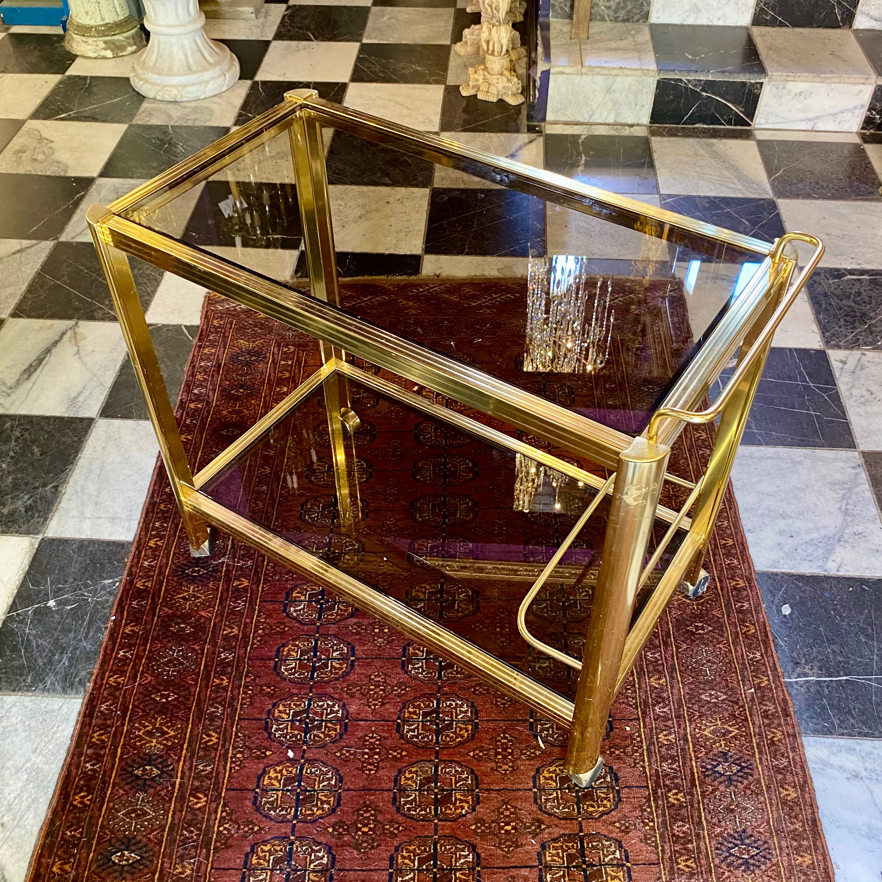 Rare Vintage Smoked Glass and Brass Drinks Trolley - SOLD