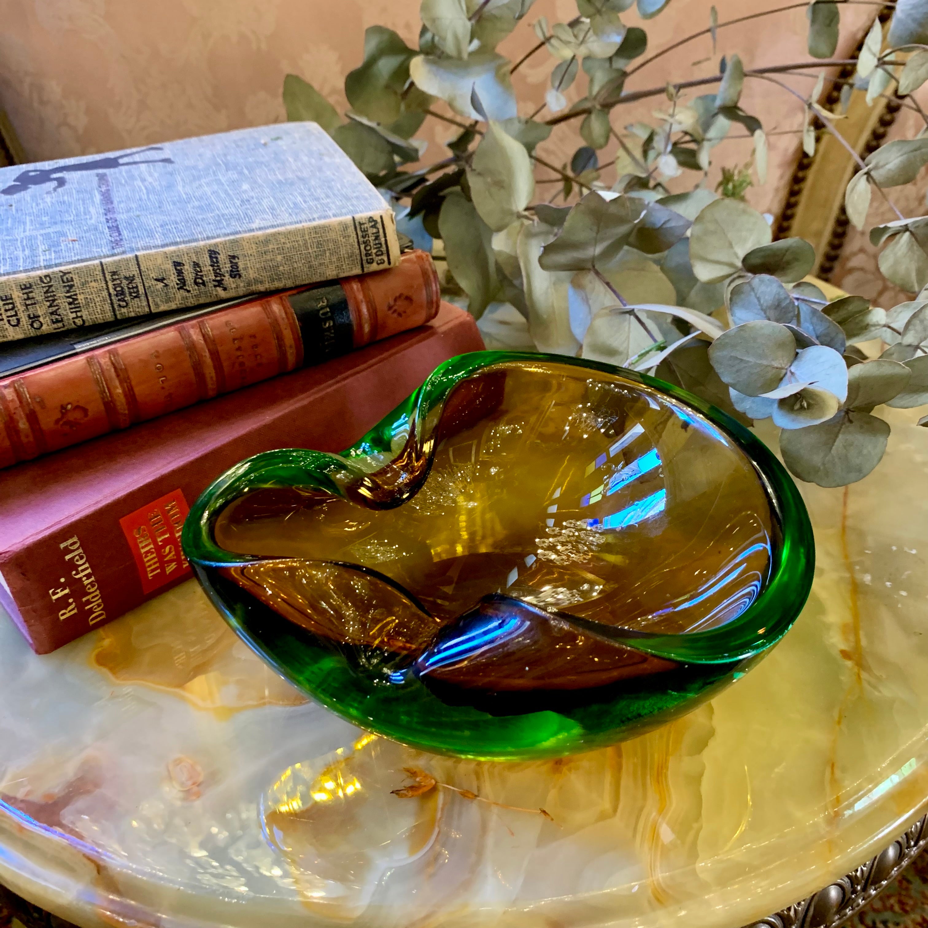 Stylish Amber and Green Murano Ashtray