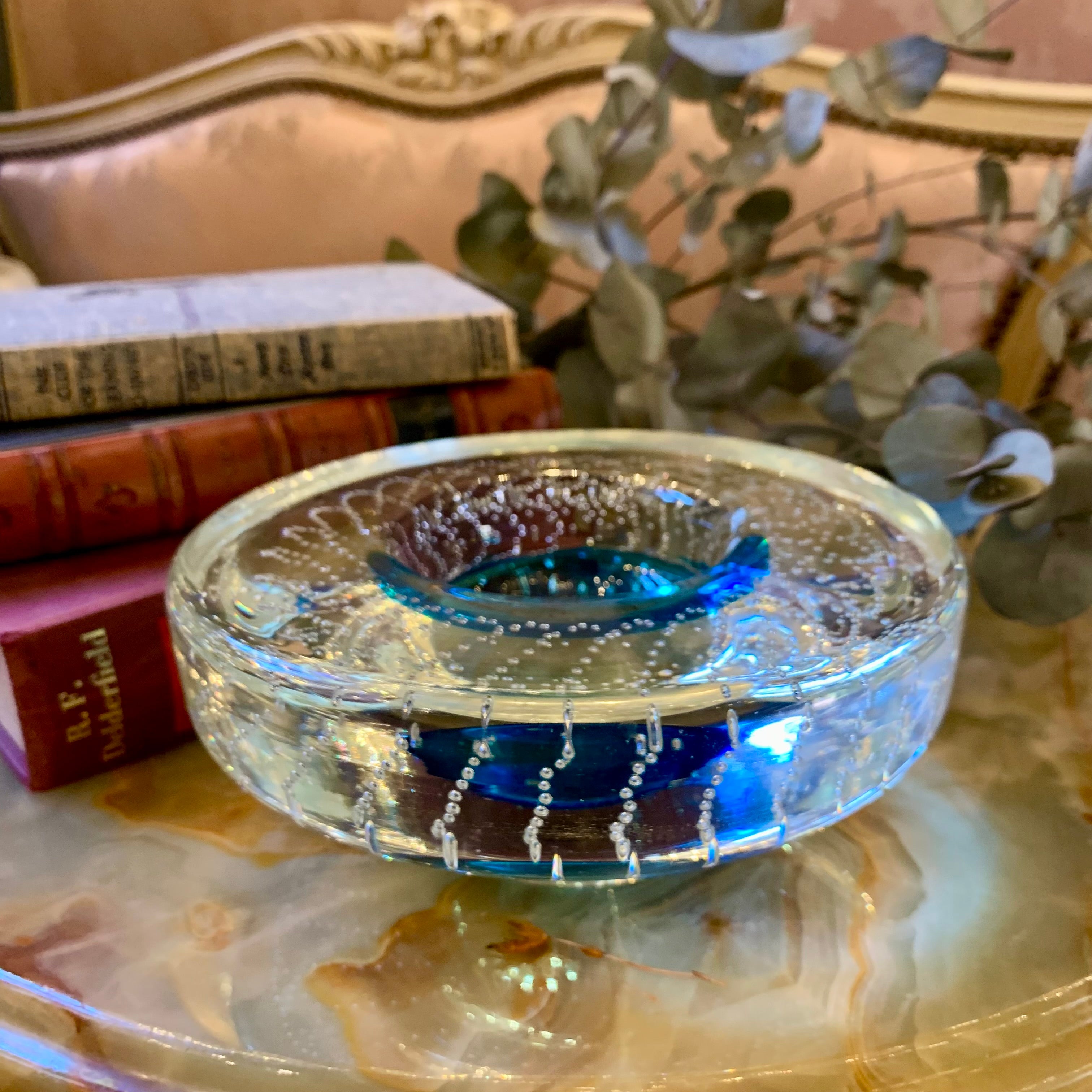 Heavy Clear and Blue Murano Ashtray