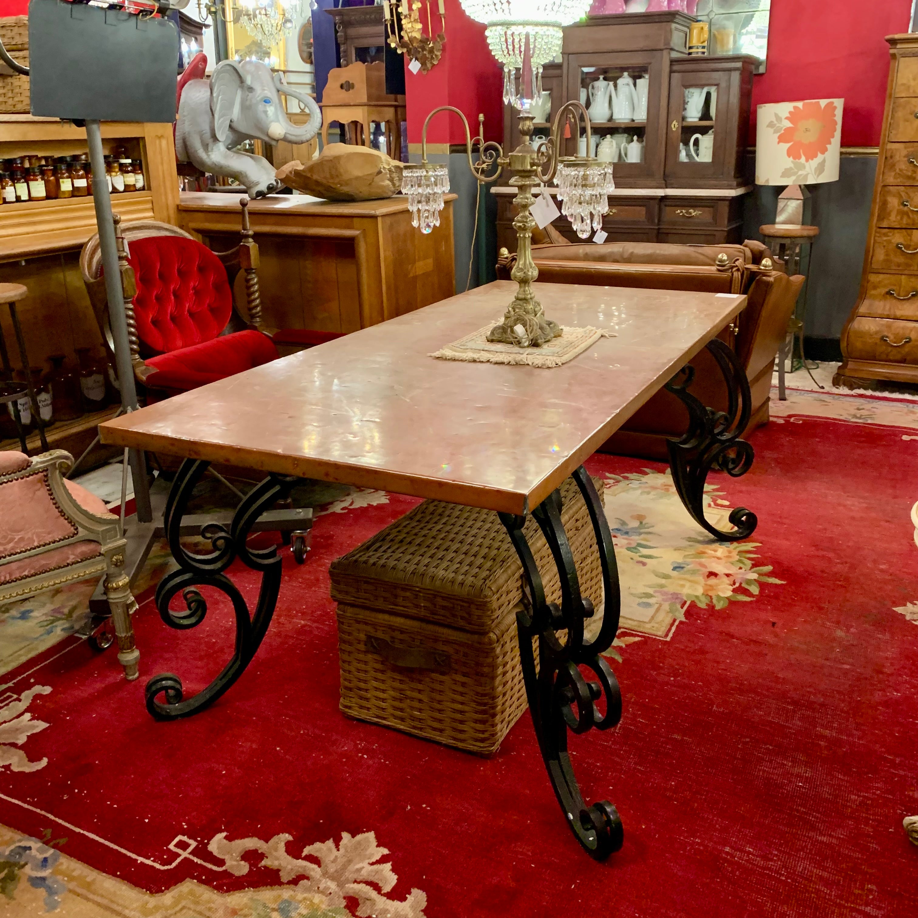 Wrought Iron Base and Copper Top Dining Table