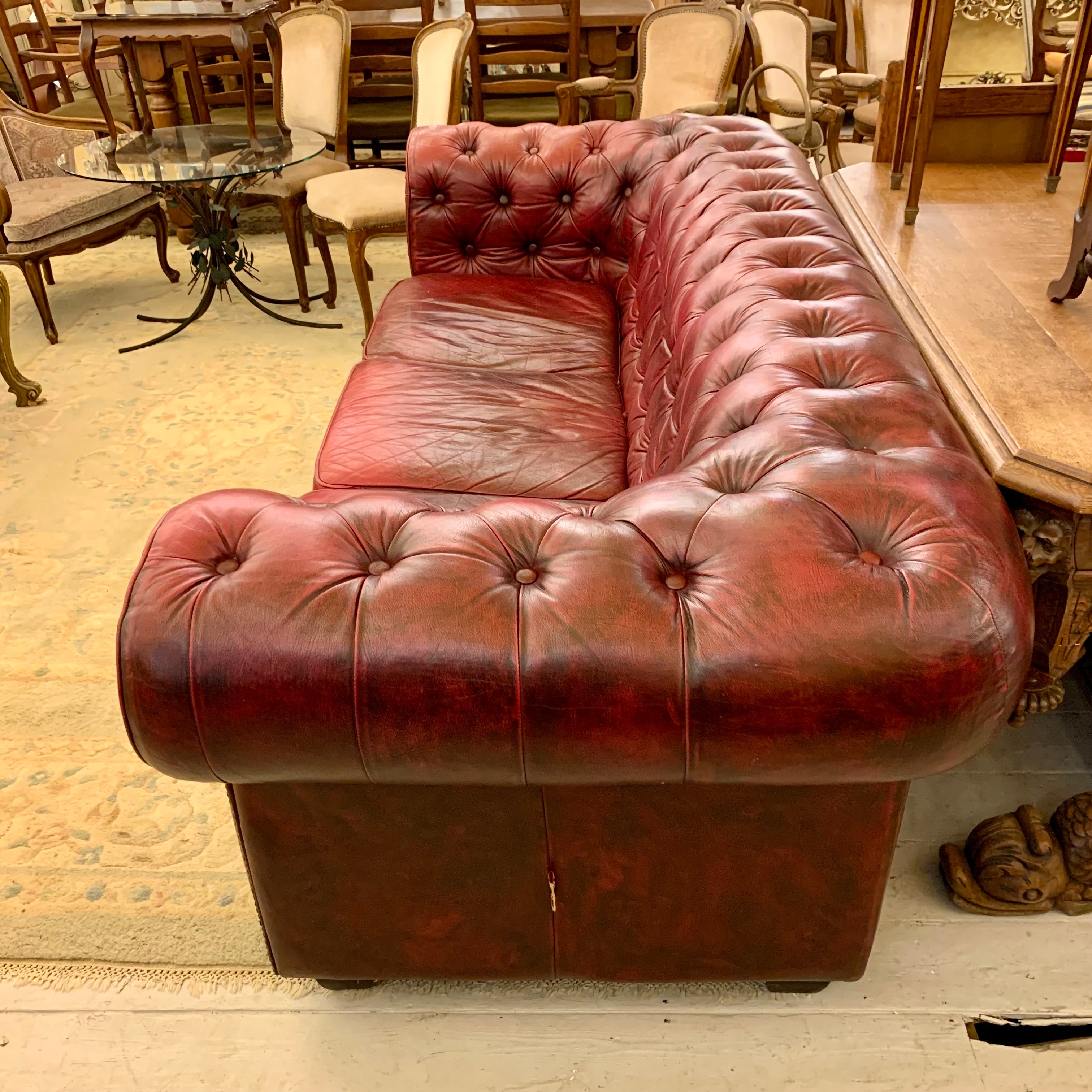 Luxurious Maroon Leather Three Seater Chestfield $