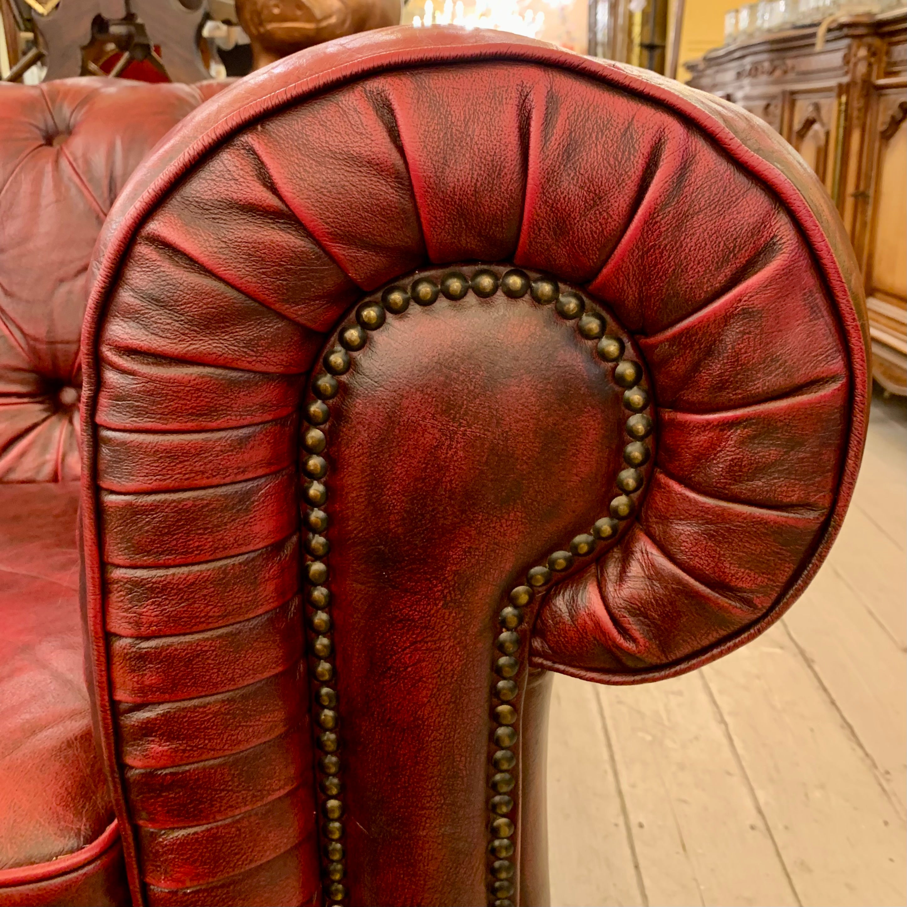 Luxurious Maroon Leather Three Seater Chestfield $