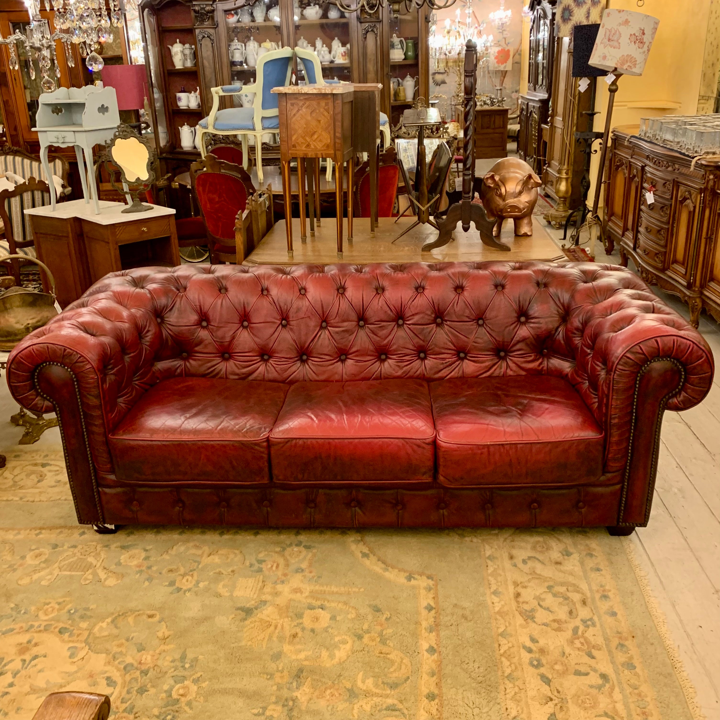 Luxurious Maroon Leather Three Seater Chestfield $