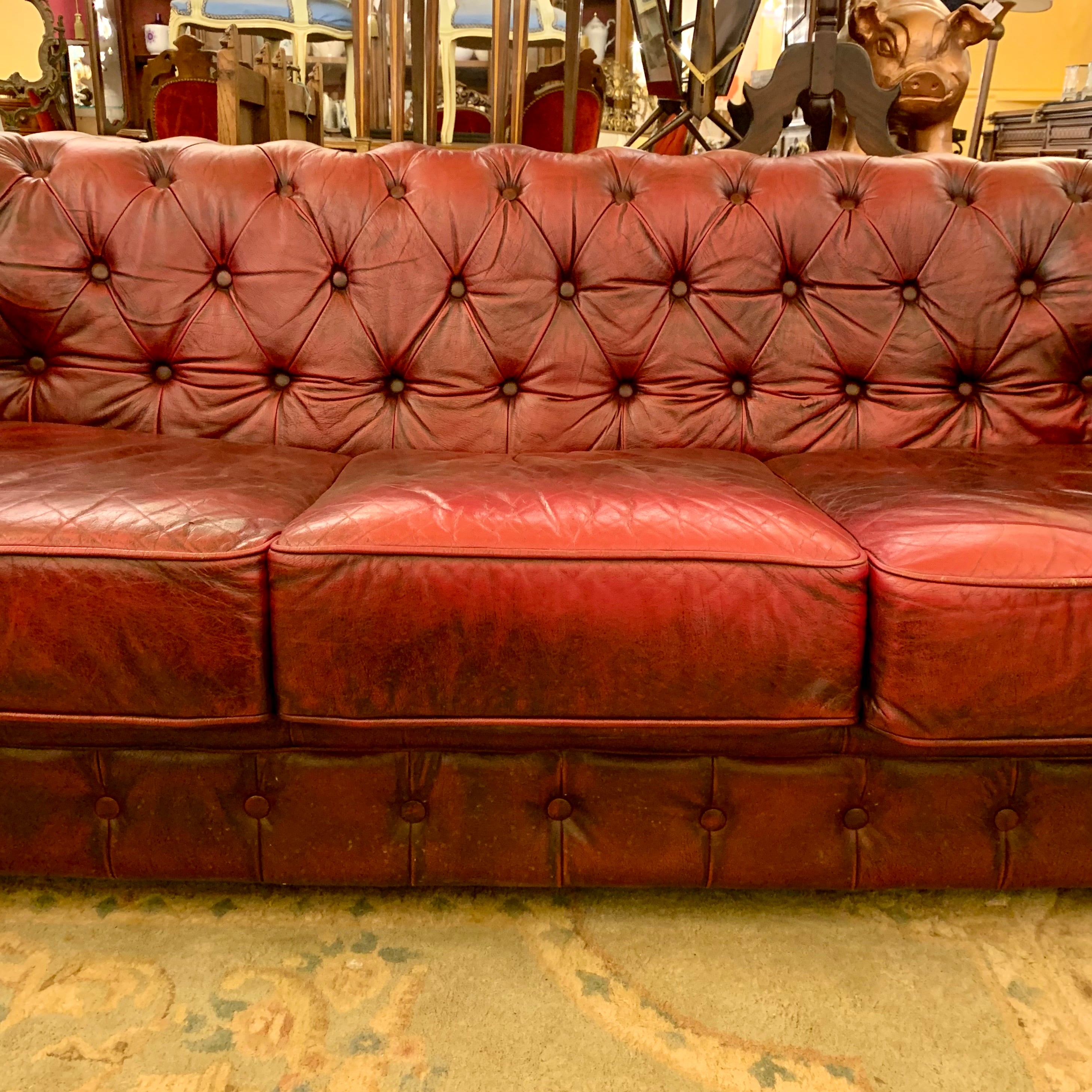 Luxurious Maroon Leather Three Seater Chestfield $