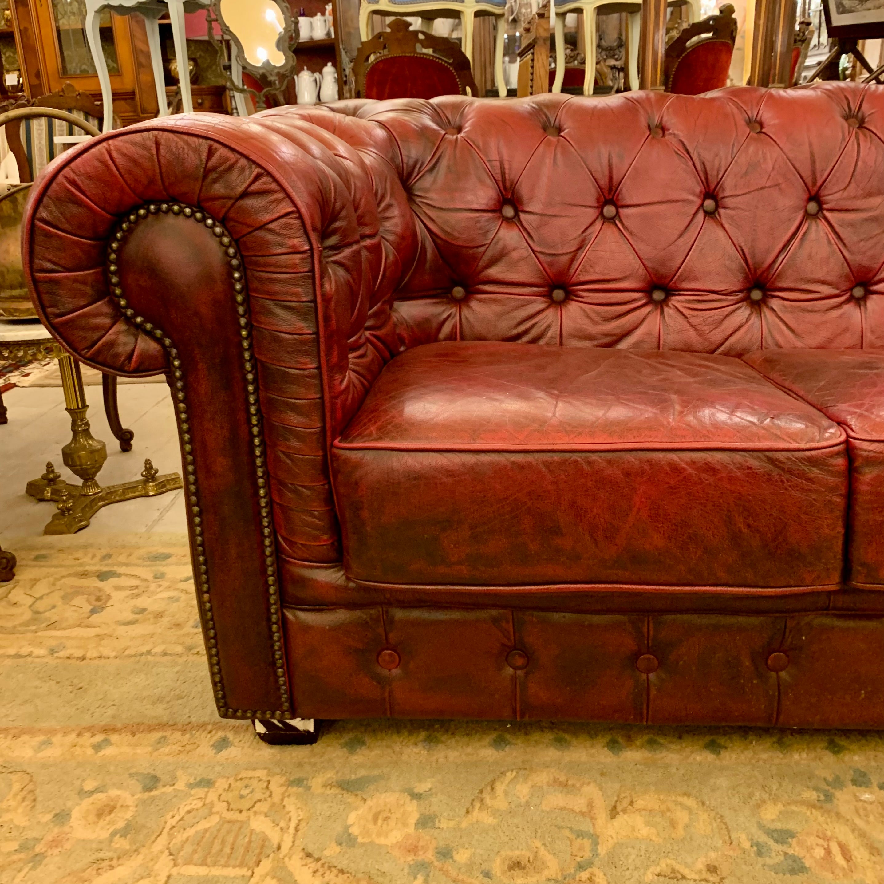 Luxurious Maroon Leather Three Seater Chestfield $