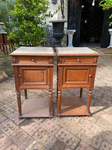 Antique Carved Oak Bedside Pedestals with Marble Top - SOLD