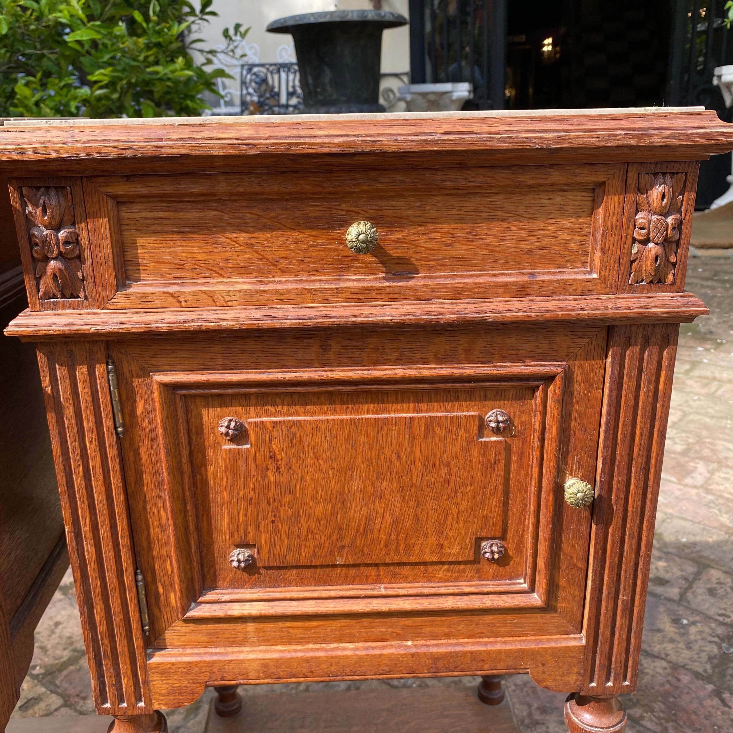 Antique Carved Oak Bedside Pedestals with Marble Top - SOLD