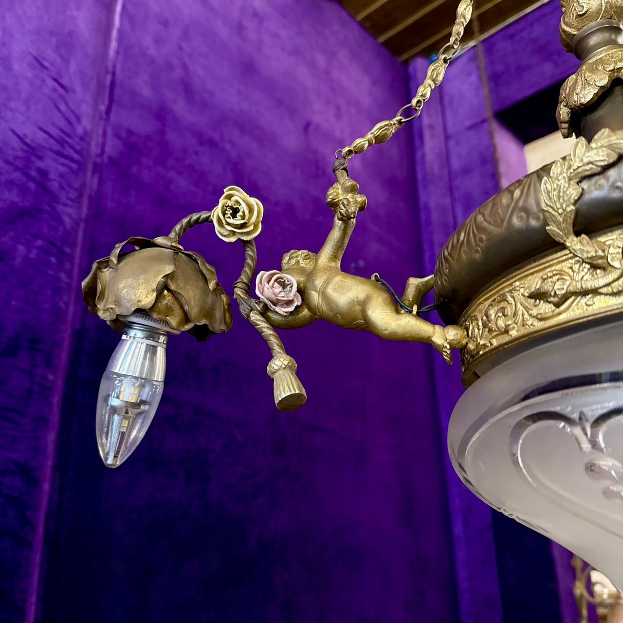 French Brass& Etched Glass Cherub Chandelier, c.1900