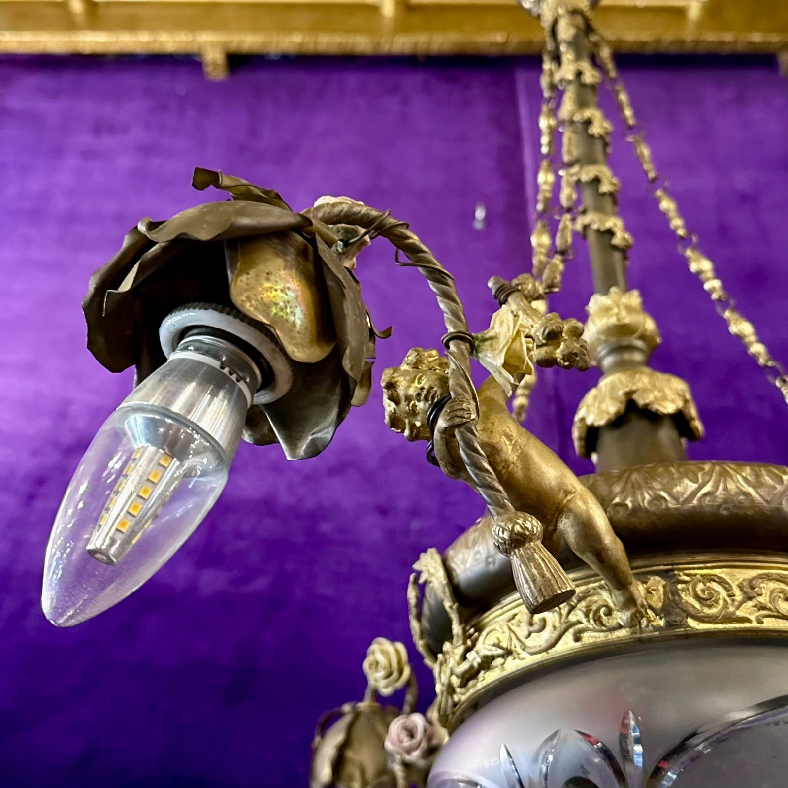 French Brass& Etched Glass Cherub Chandelier, c.1900