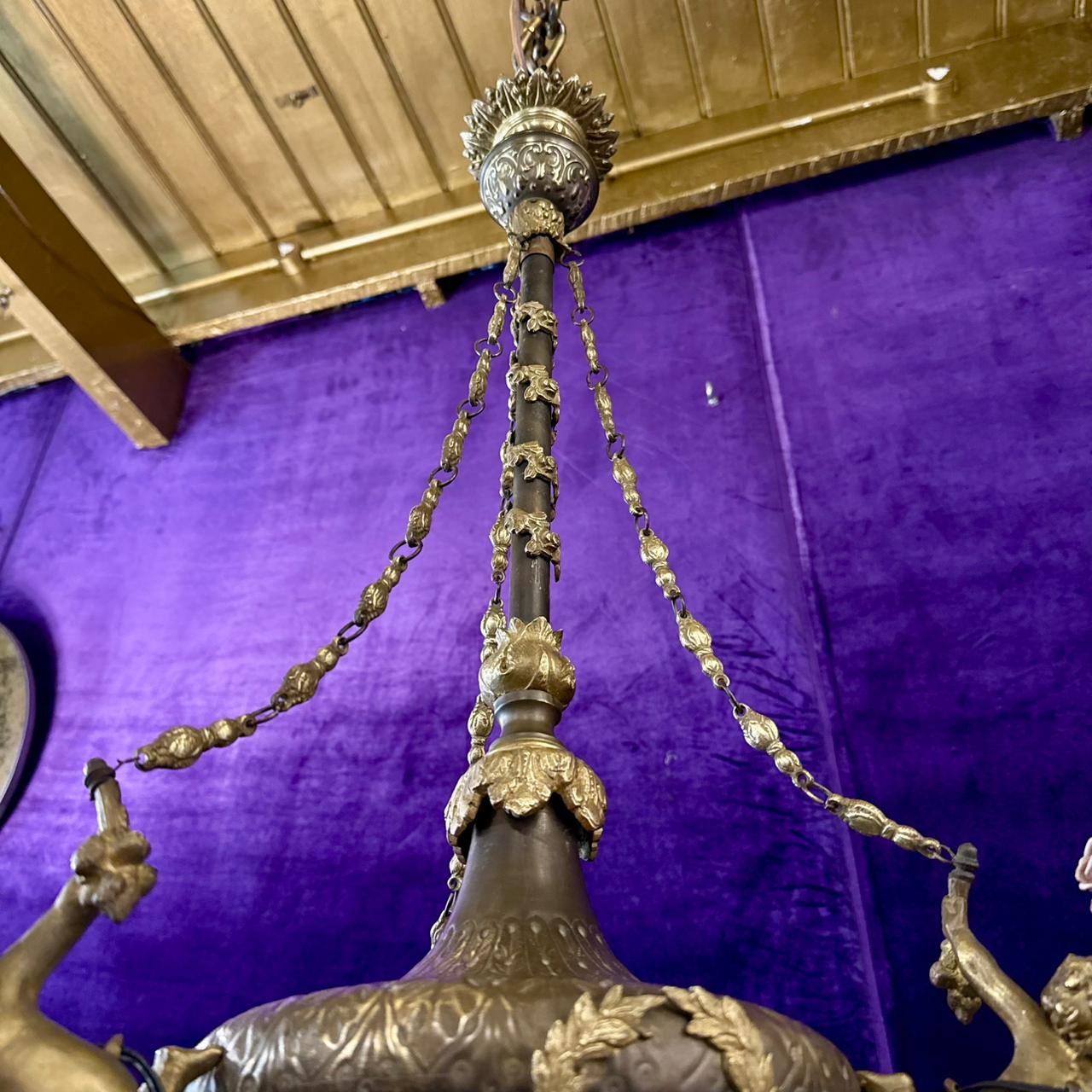 French Brass& Etched Glass Cherub Chandelier, c.1900