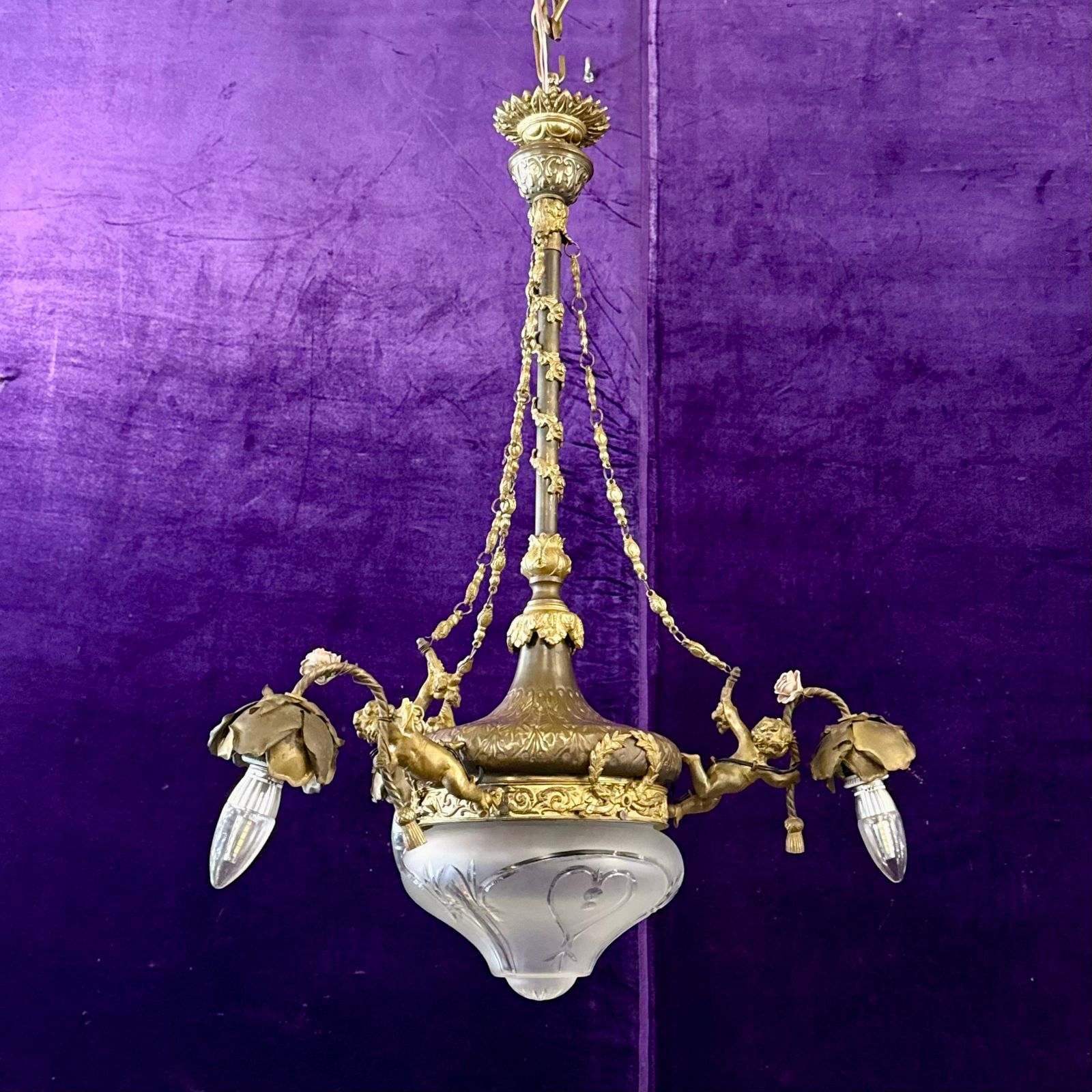 French Brass& Etched Glass Cherub Chandelier, c.1900