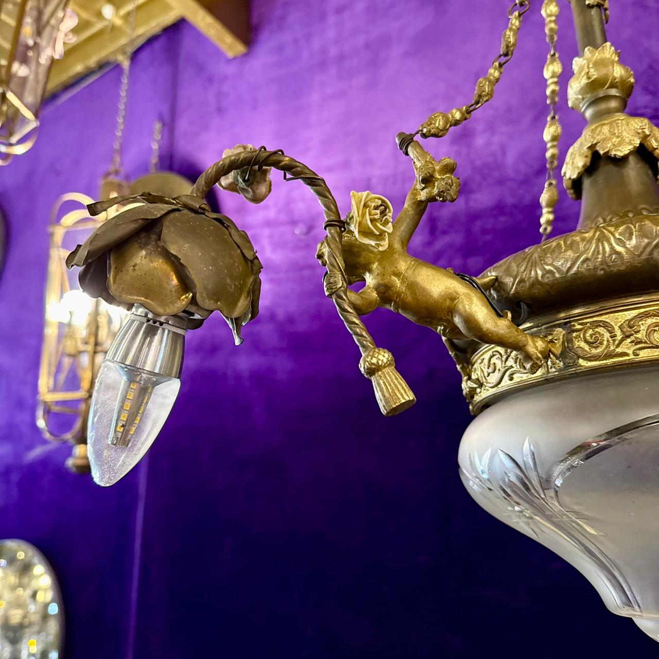 French Brass& Etched Glass Cherub Chandelier, c.1900