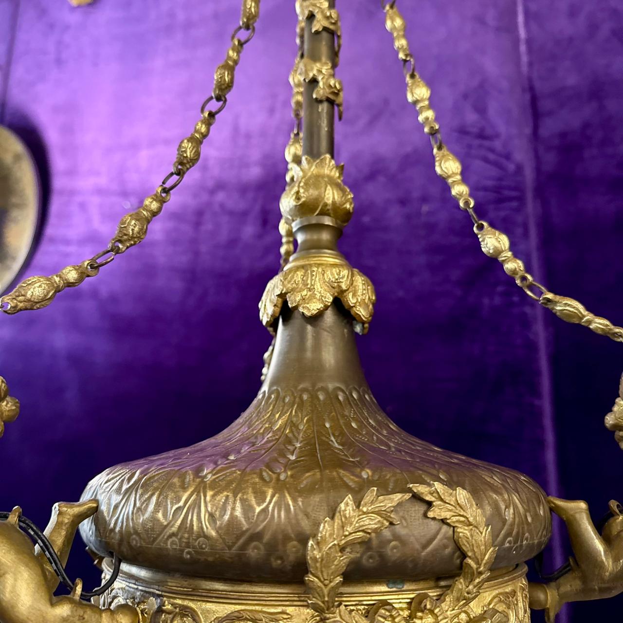 French Brass& Etched Glass Cherub Chandelier, c.1900