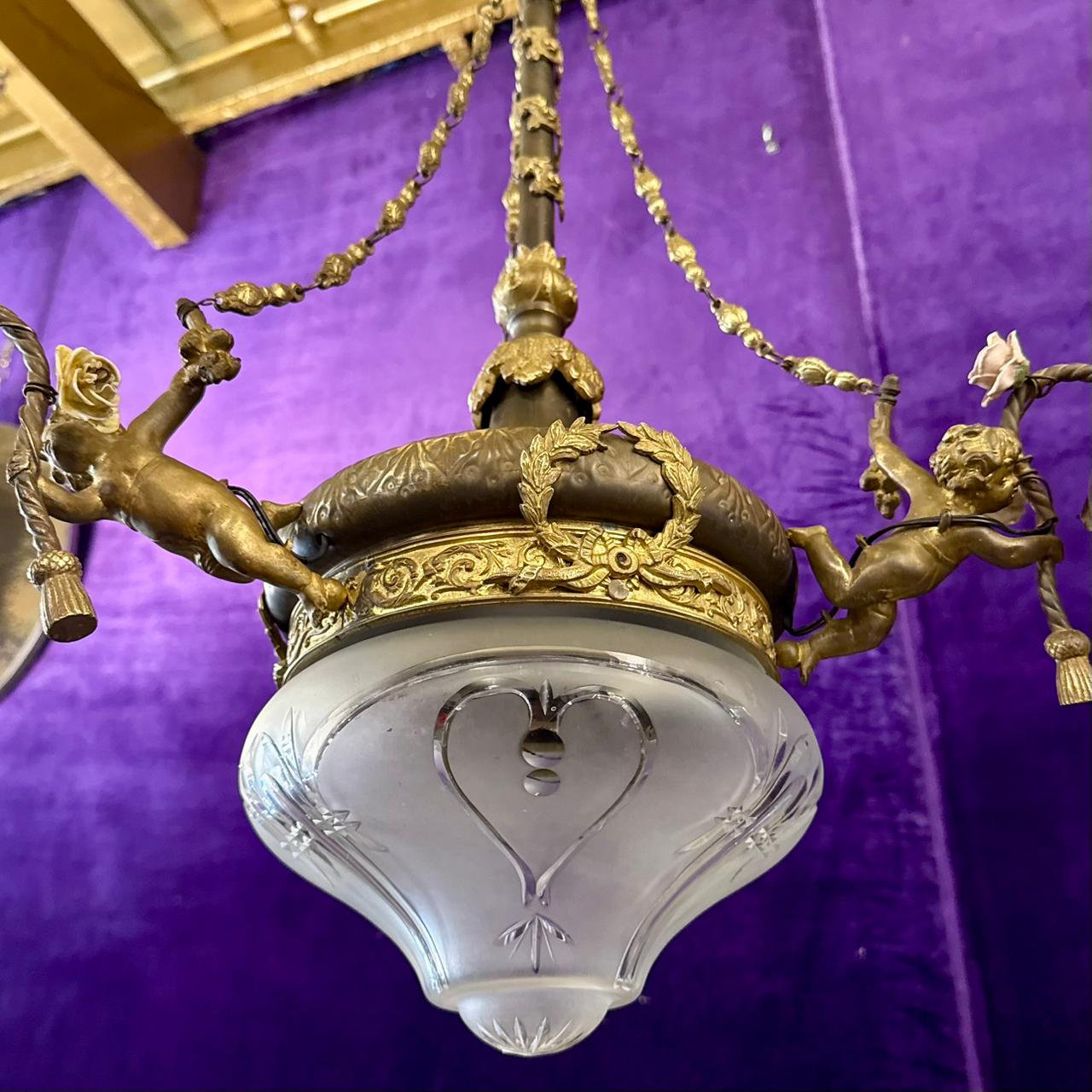 French Brass& Etched Glass Cherub Chandelier, c.1900