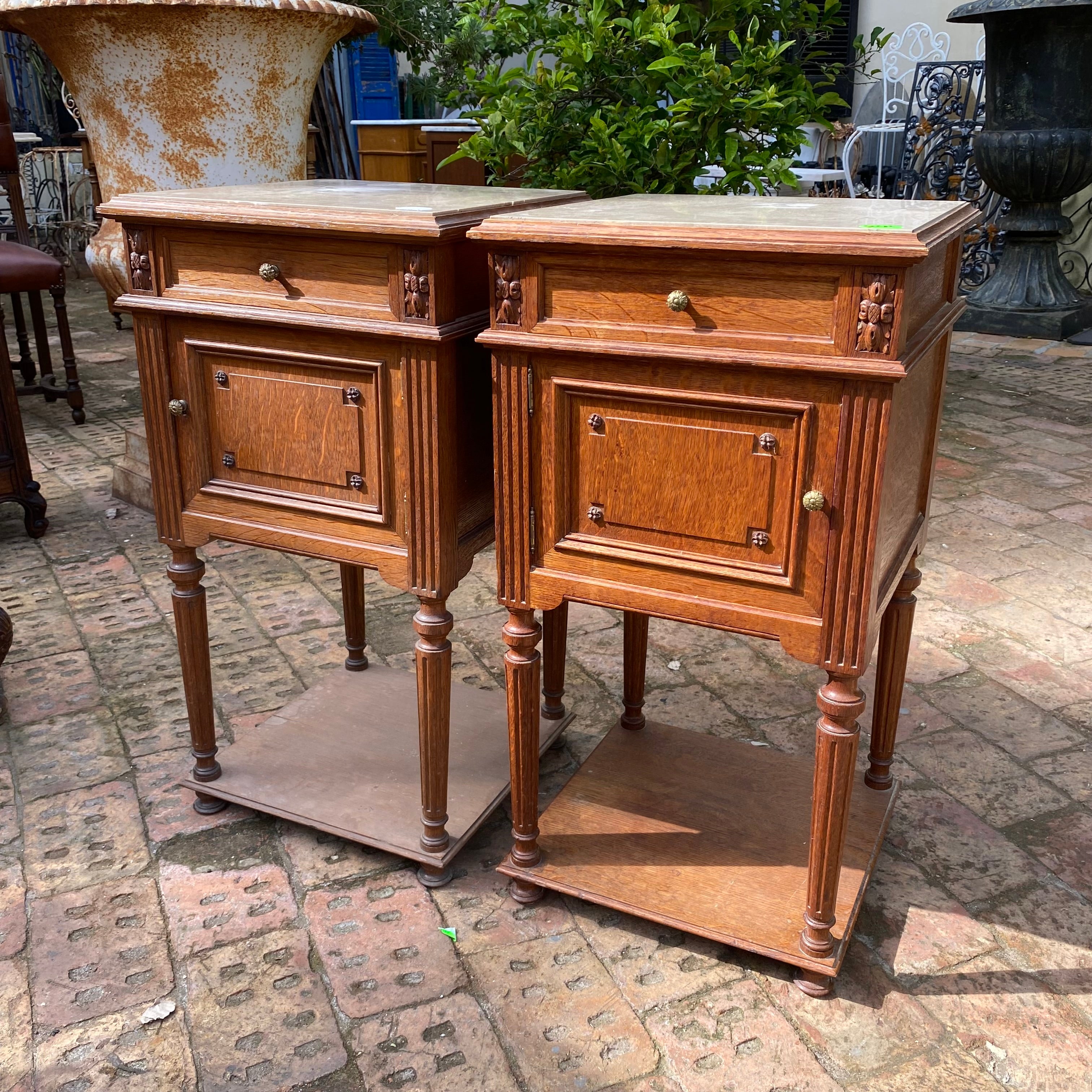 Antique Carved Oak Bedside Pedestals with Marble Top - SOLD