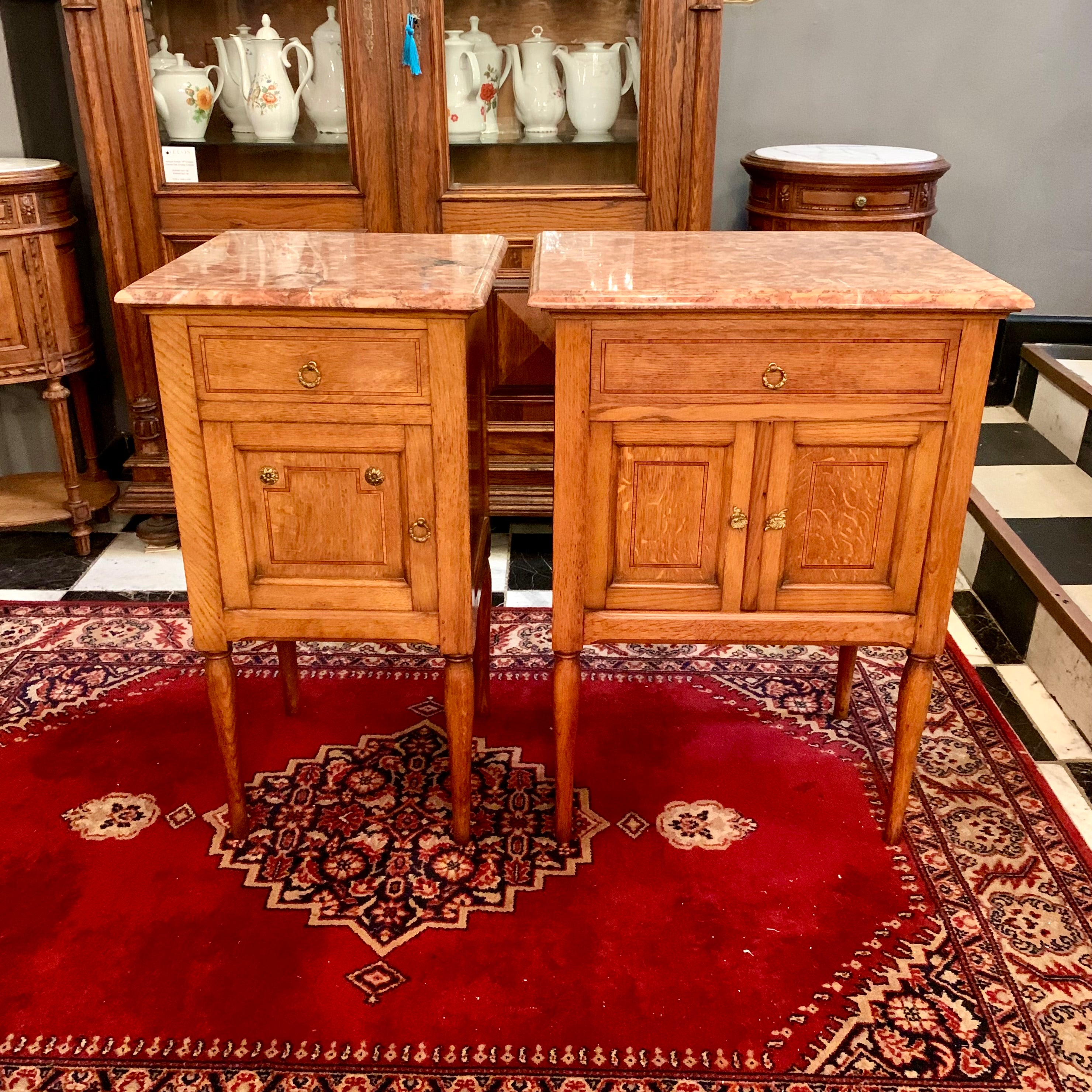 Antique Pair of Oak Pedestals with Striking Marble Top - SOLD