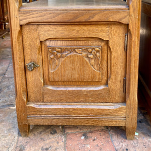 Antique Carved Oak Open Shelf Bedside Pedestal with Marble Top