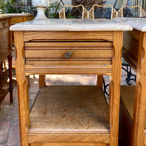 Antique Carved Oak Open Shelf Bedside Pedestal with Marble Top