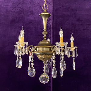 Antique Brass Large 5 Armed French Chandelier with Crystals
