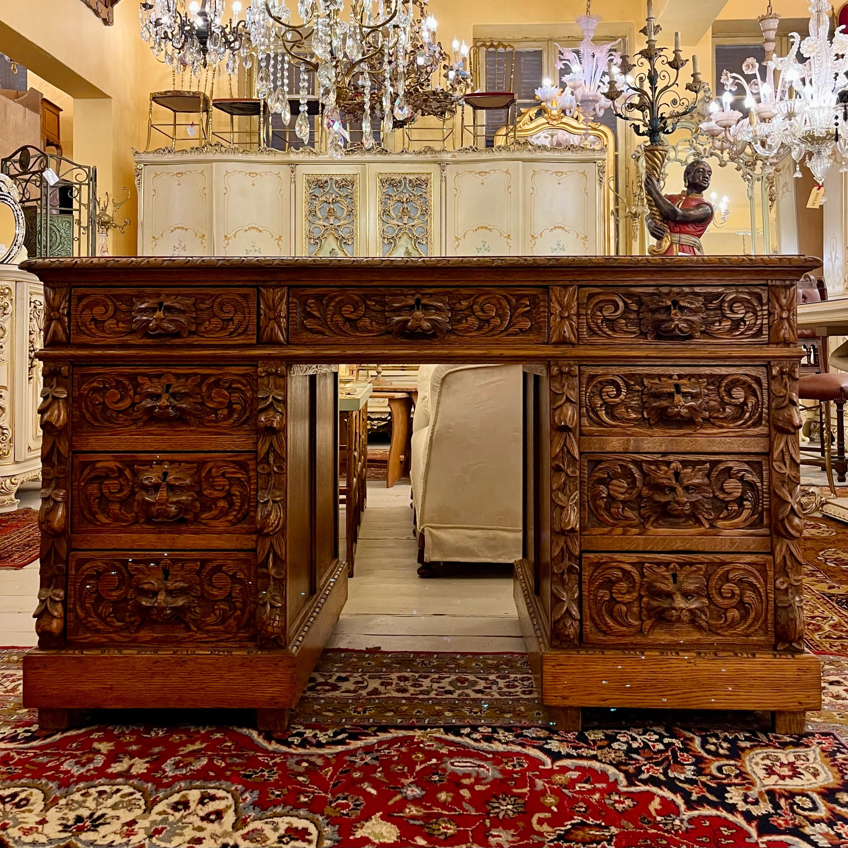 Antique Heavily Carved Oak French Desk