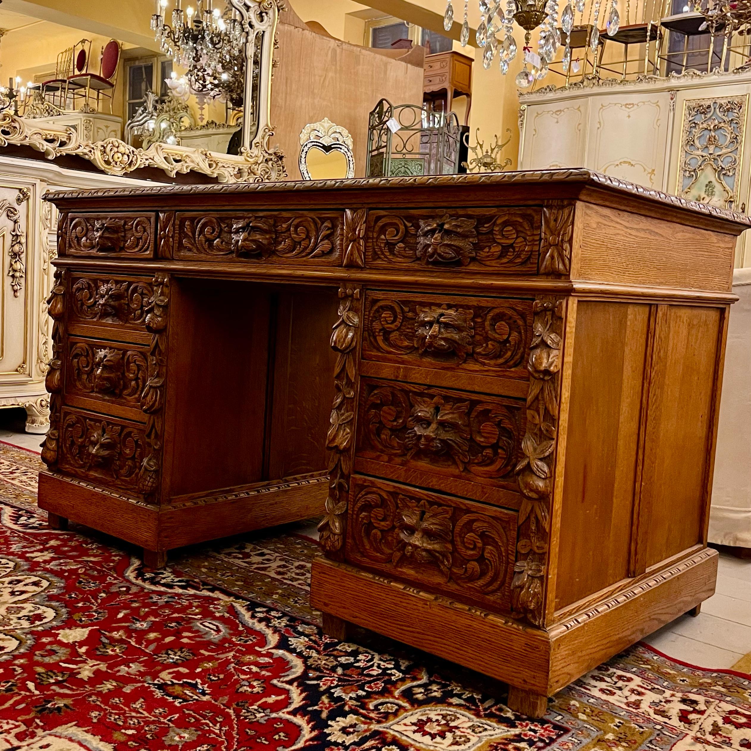 Antique Heavily Carved Oak French Desk