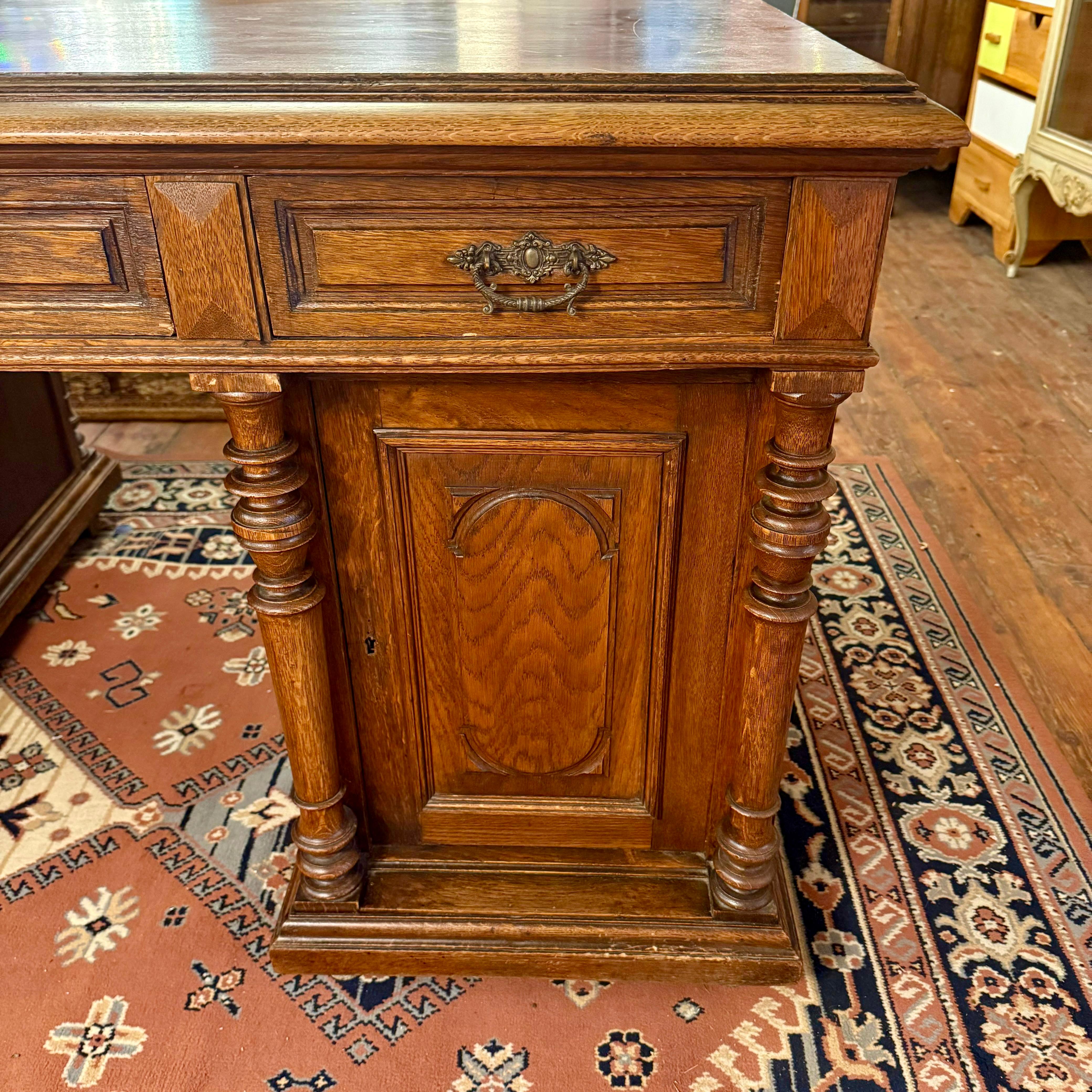 Oak Partner’s Desk with Panelled Sides and Turned Columns, Early 20th Century