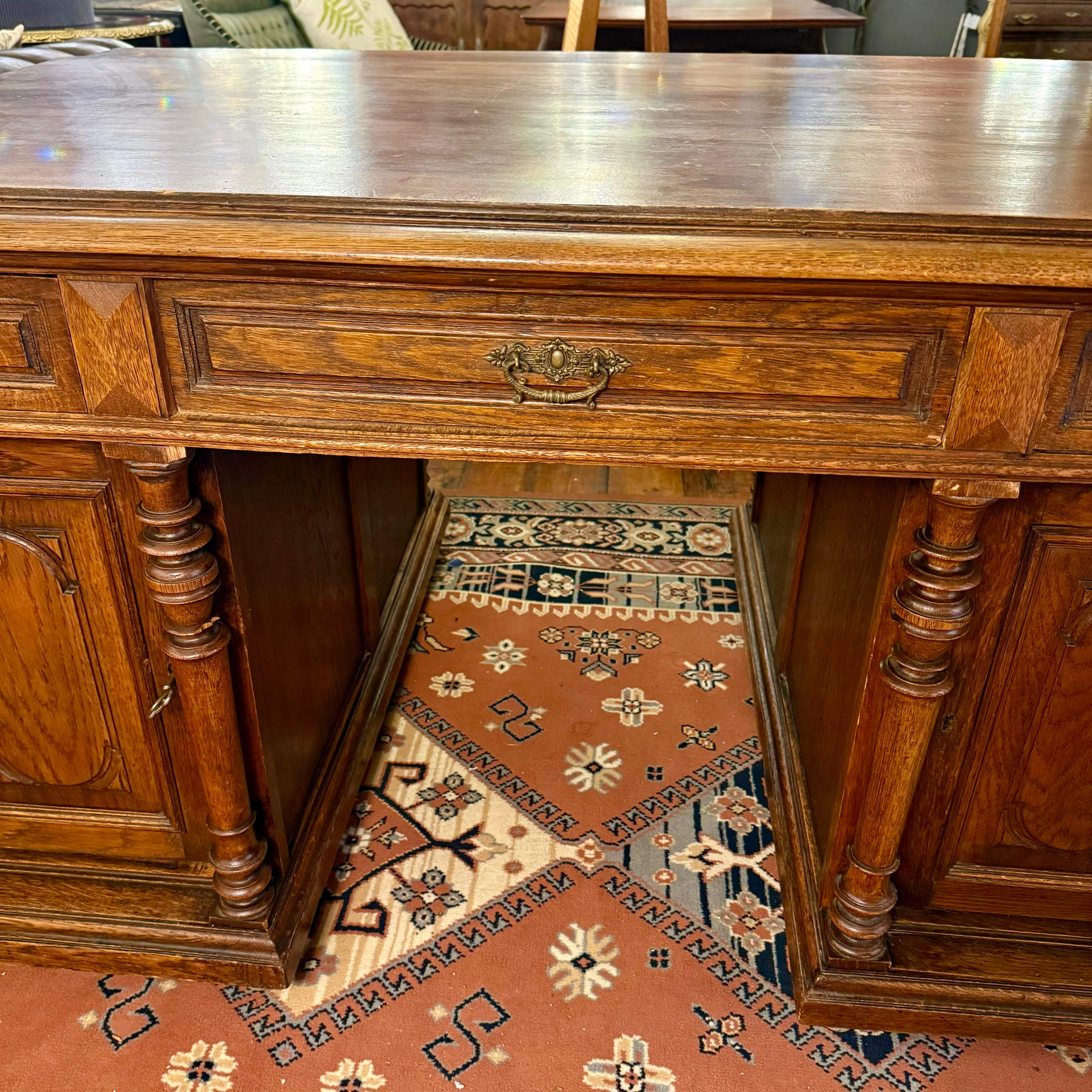 Oak Partner’s Desk with Panelled Sides and Turned Columns, Early 20th Century