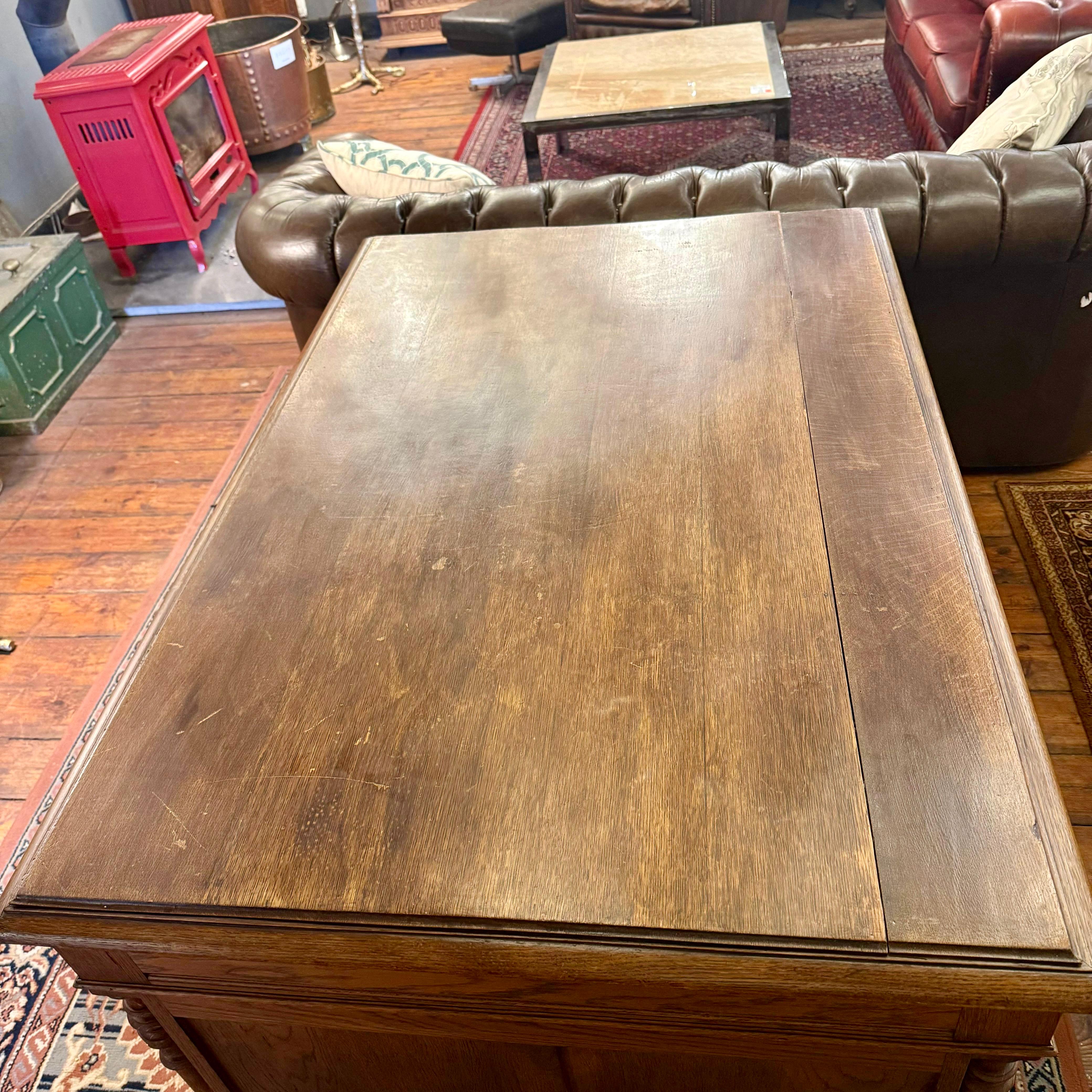 Oak Partner’s Desk with Panelled Sides and Turned Columns, Early 20th Century