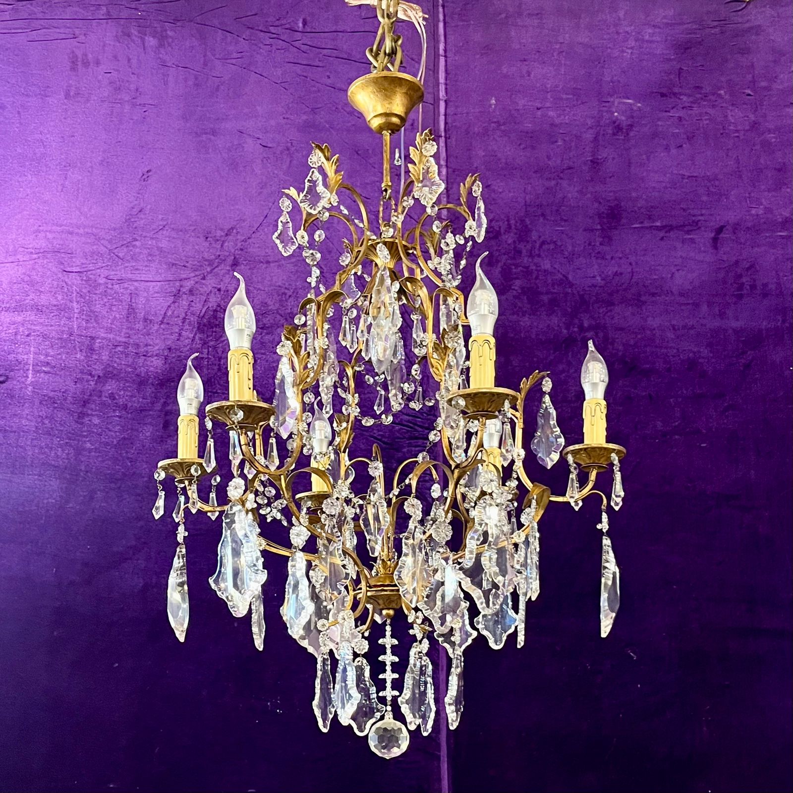 Antique Gilt Metal & Crystal Chandelier, c.1900