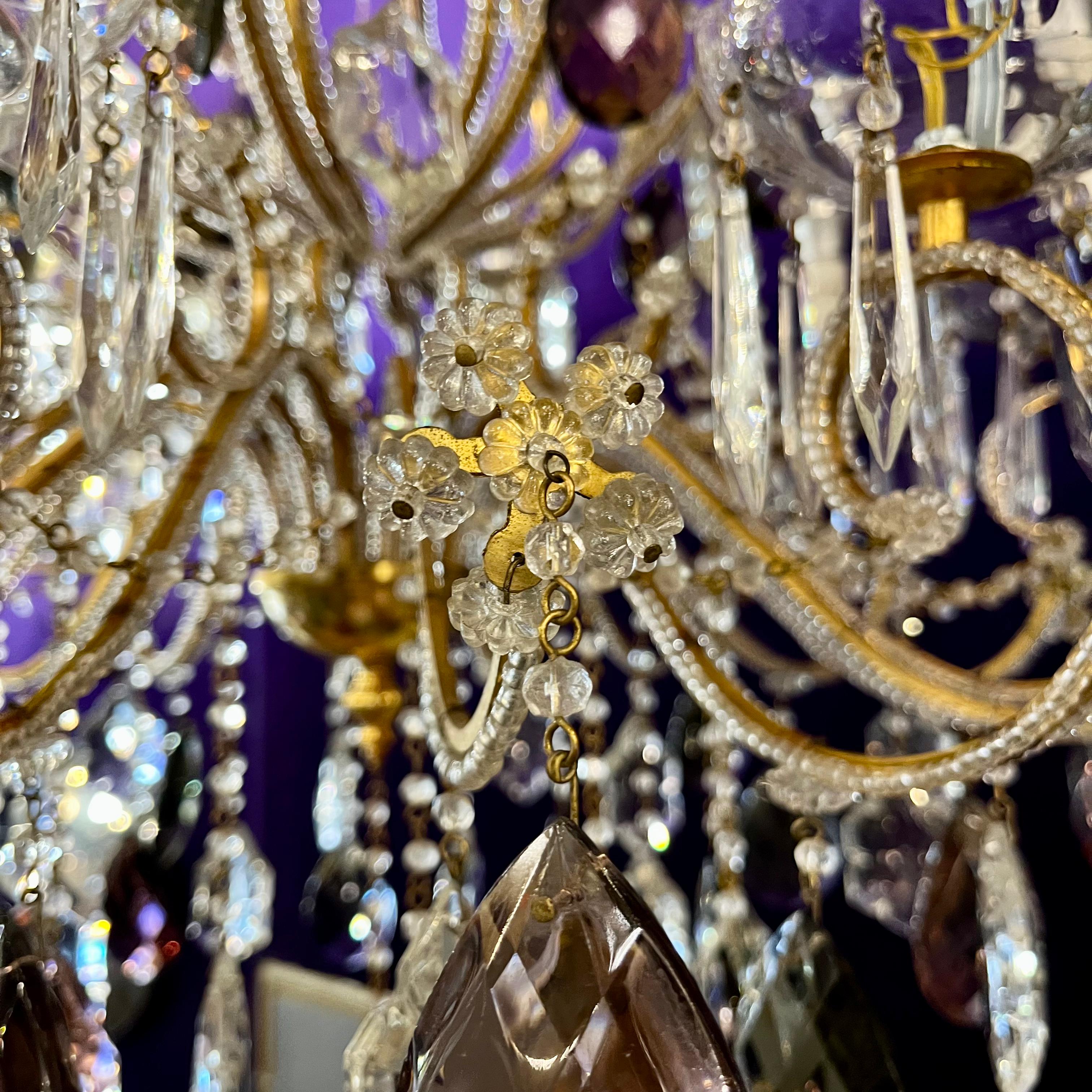 SOLD Exquisite Antique Brass Cage Chandelier with Crystal Flowers