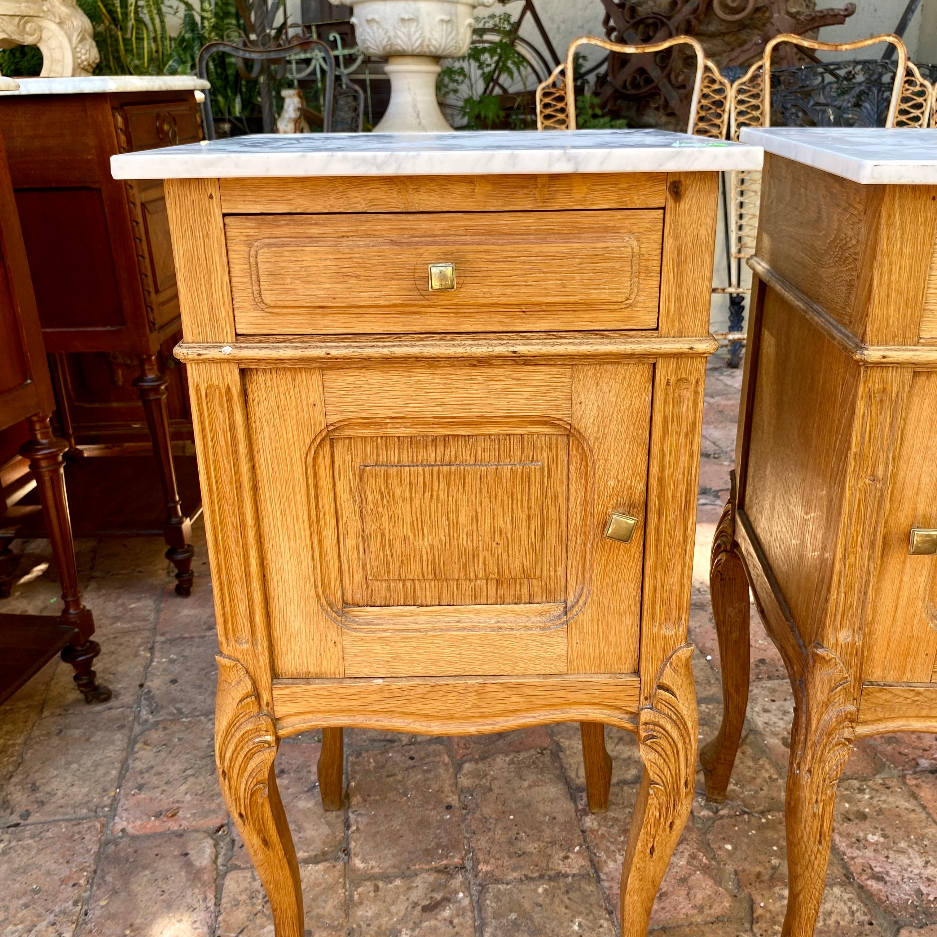 Antique Oak Bedside Pedestals with Cabriole Legs and Marble Top - SOLD