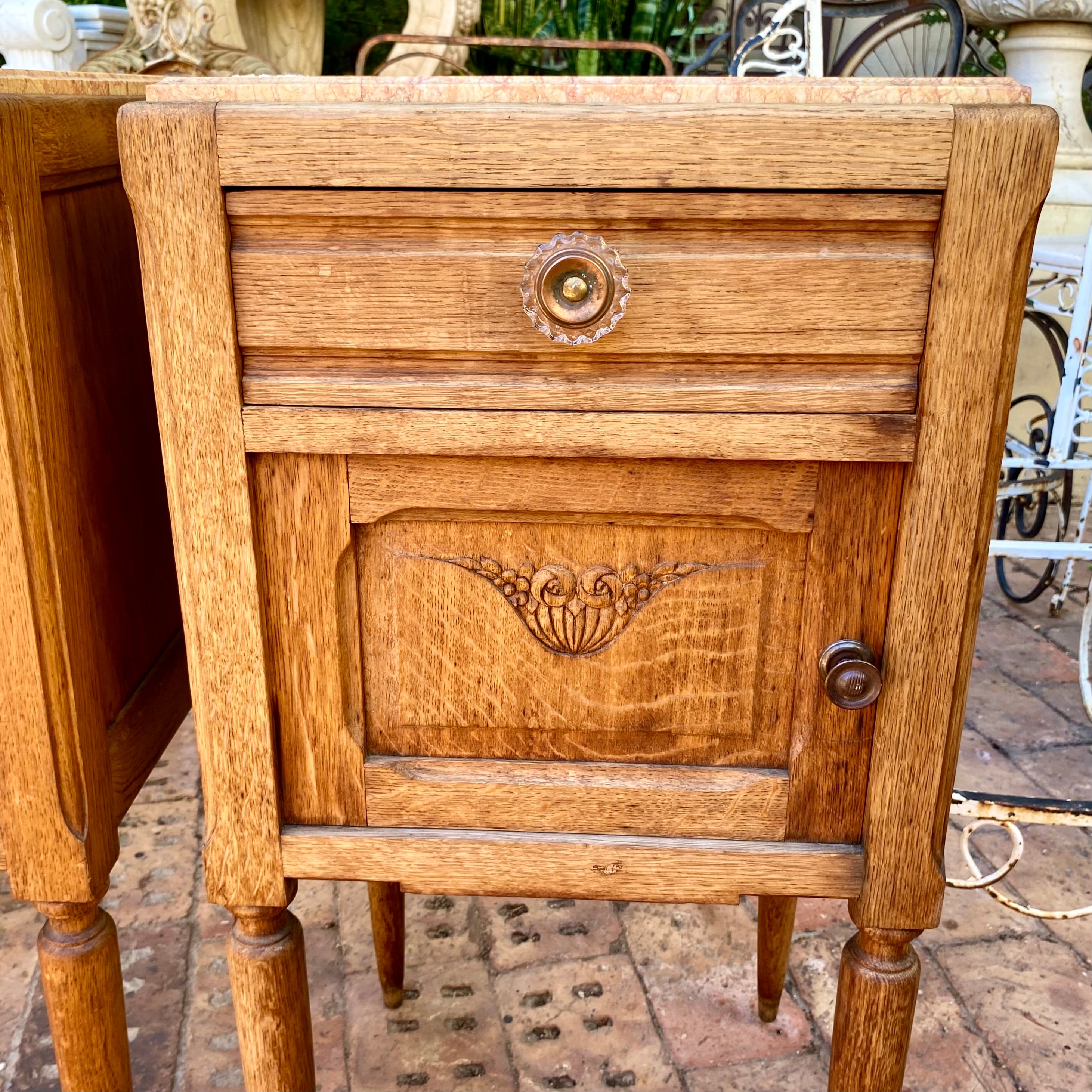 Antique  Light Oak Bedside Pedestals with Mottled Marble top