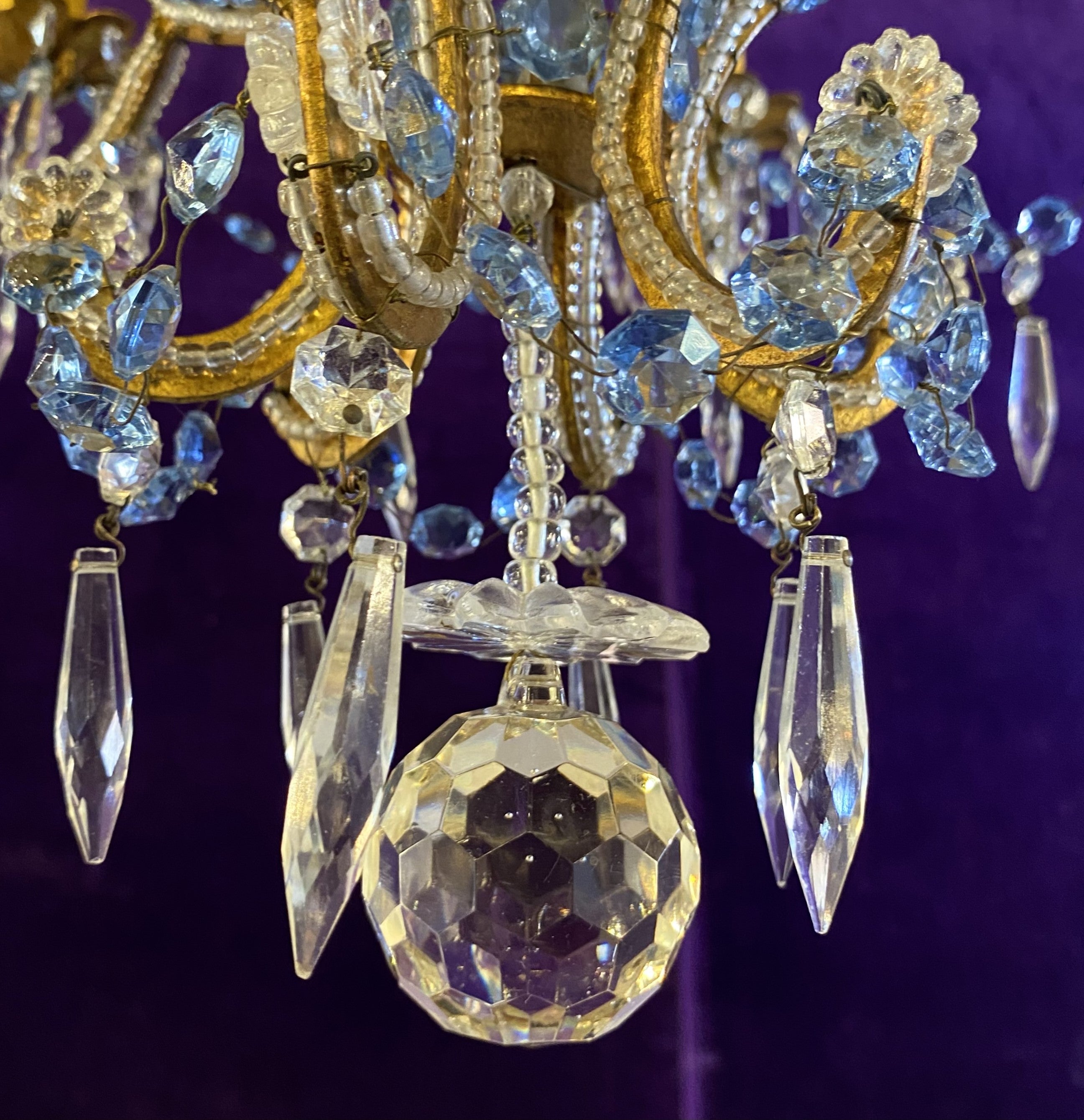 Antique Italian Beaded Chandelier with Original Blue Crystals