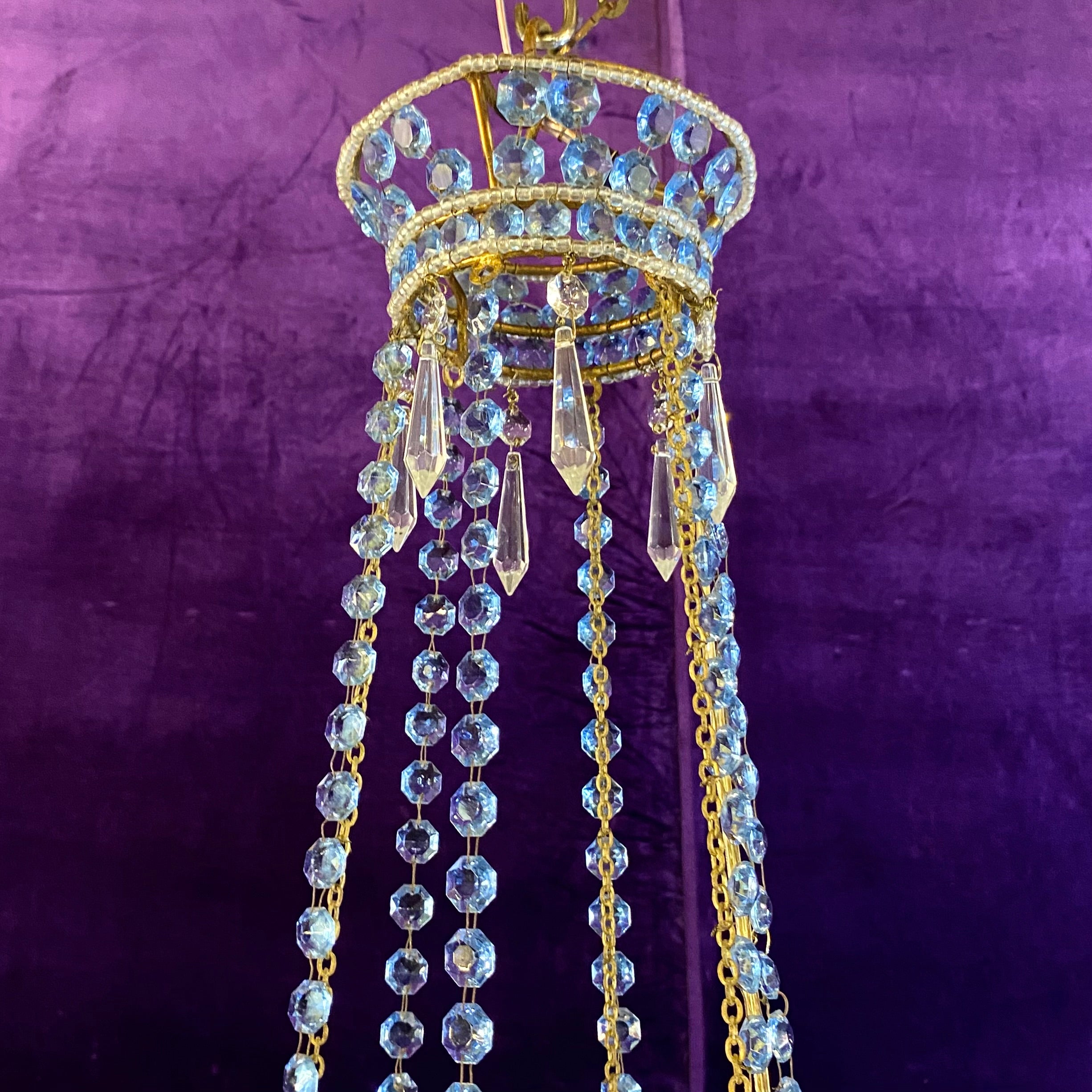 Antique Italian Beaded Chandelier with Original Blue Crystals