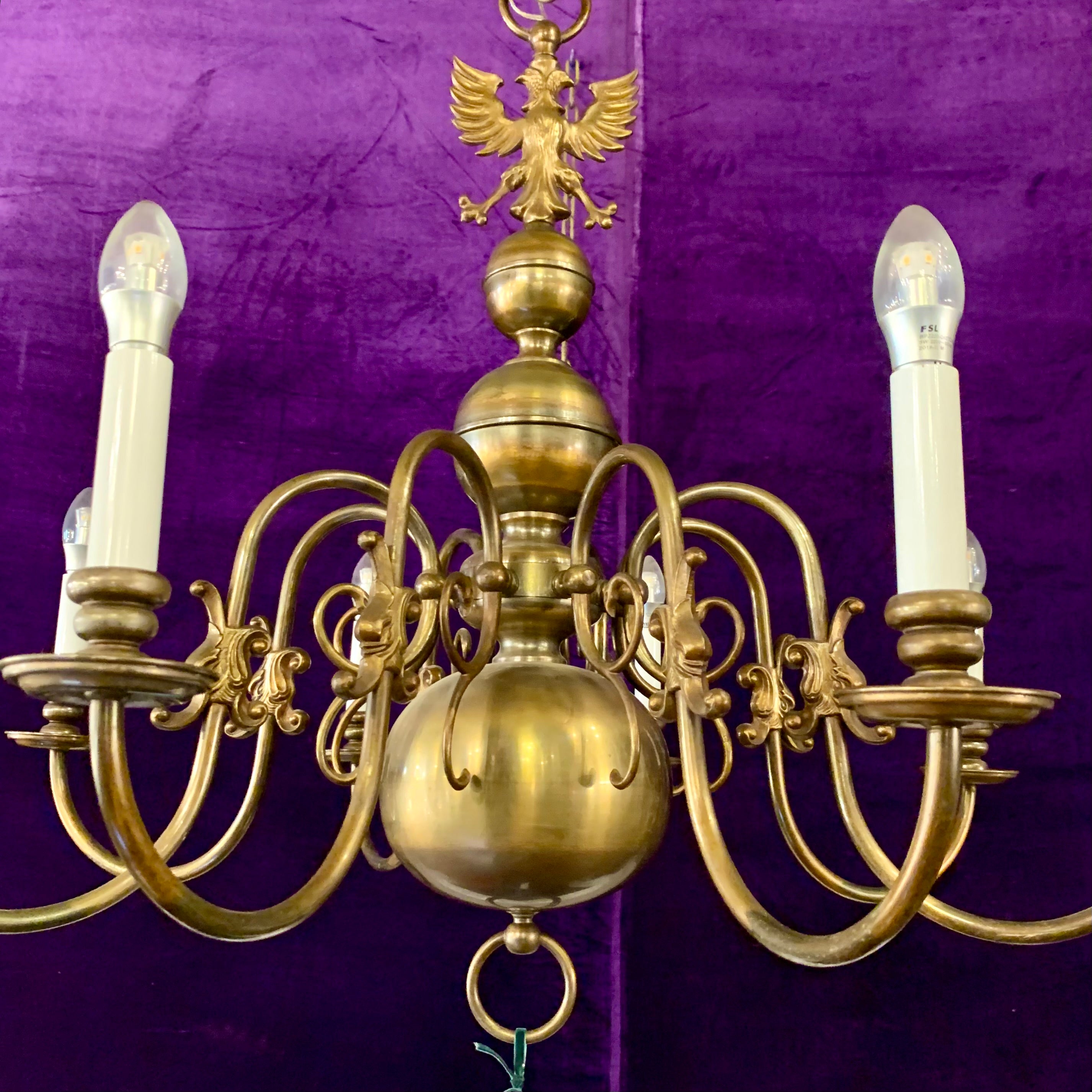 Antique Polished Brass Flemish Chandelier With Griffons
