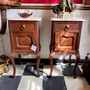 Antique  Oak Bedside Pedestals with Pink Marble Top - SOLD