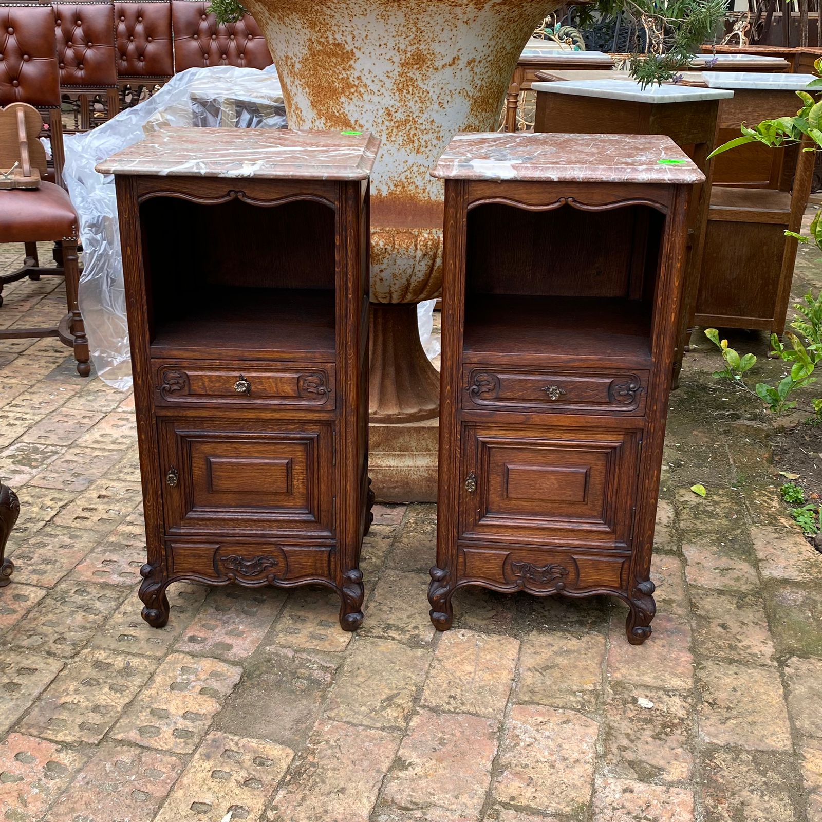 Antique Carved Oak Beside Pedestal with Marble Top - SOLD