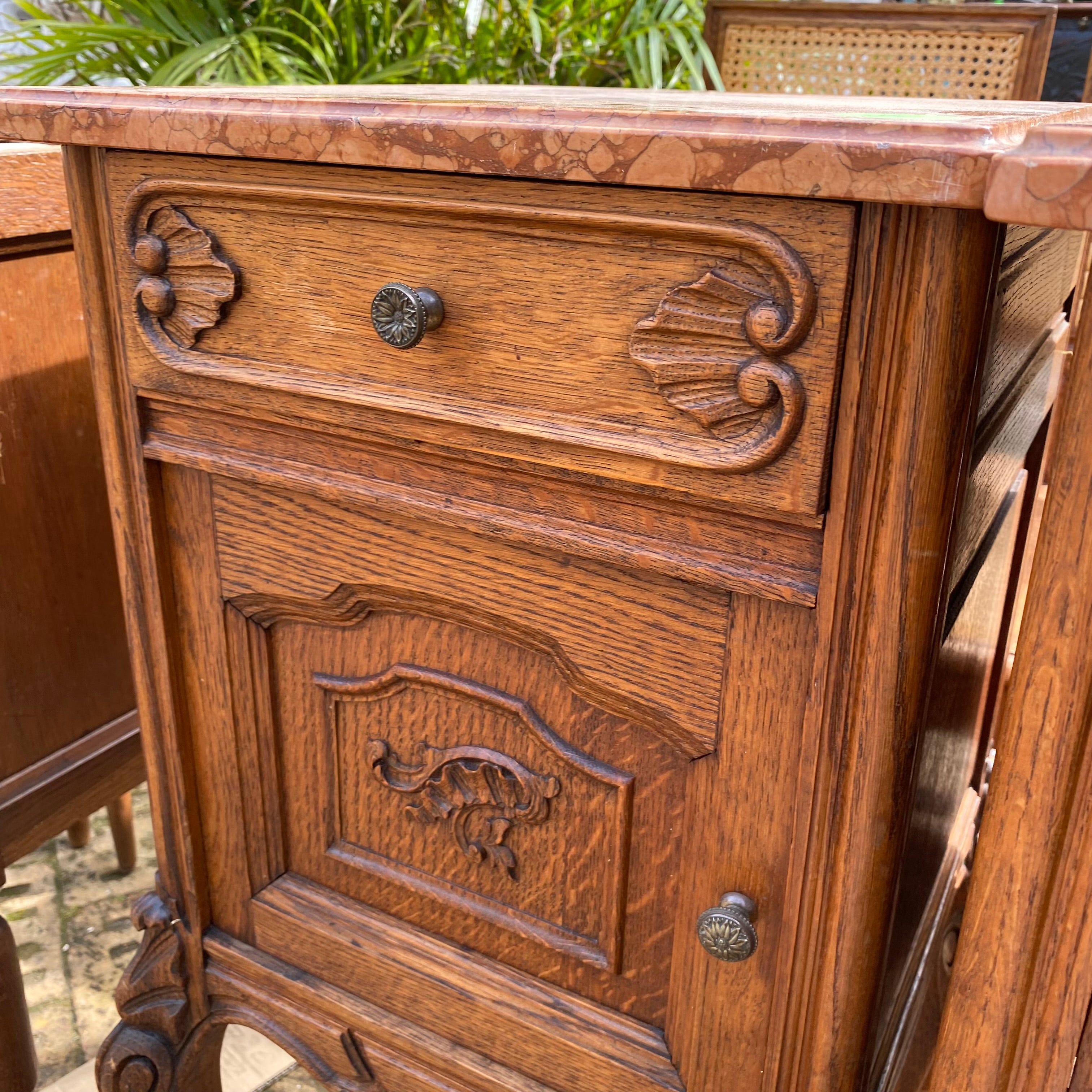 Beautiful Antique Oak Bedside Tables with Marble Top - SOLD