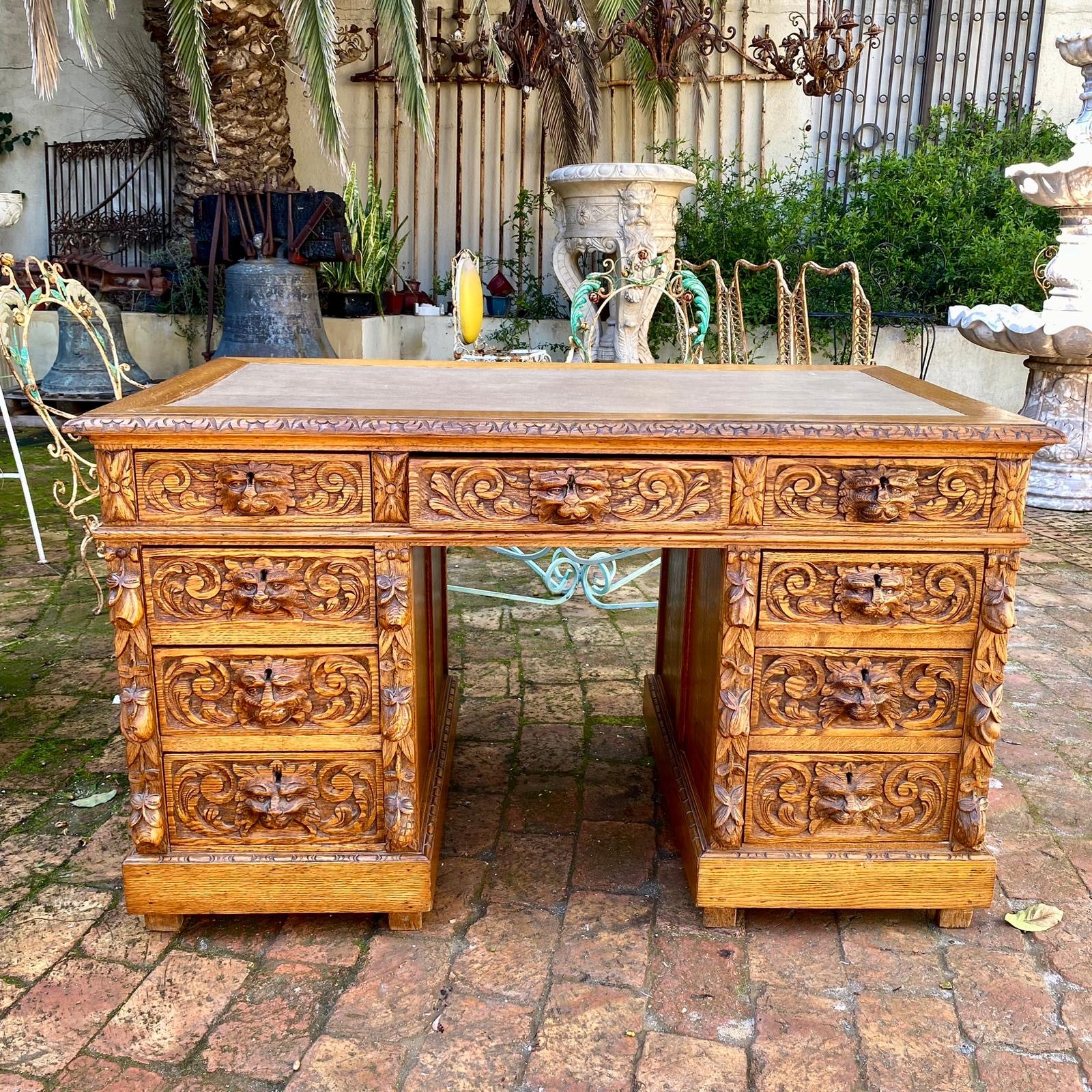 Antique Heavily Carved Oak French Desk