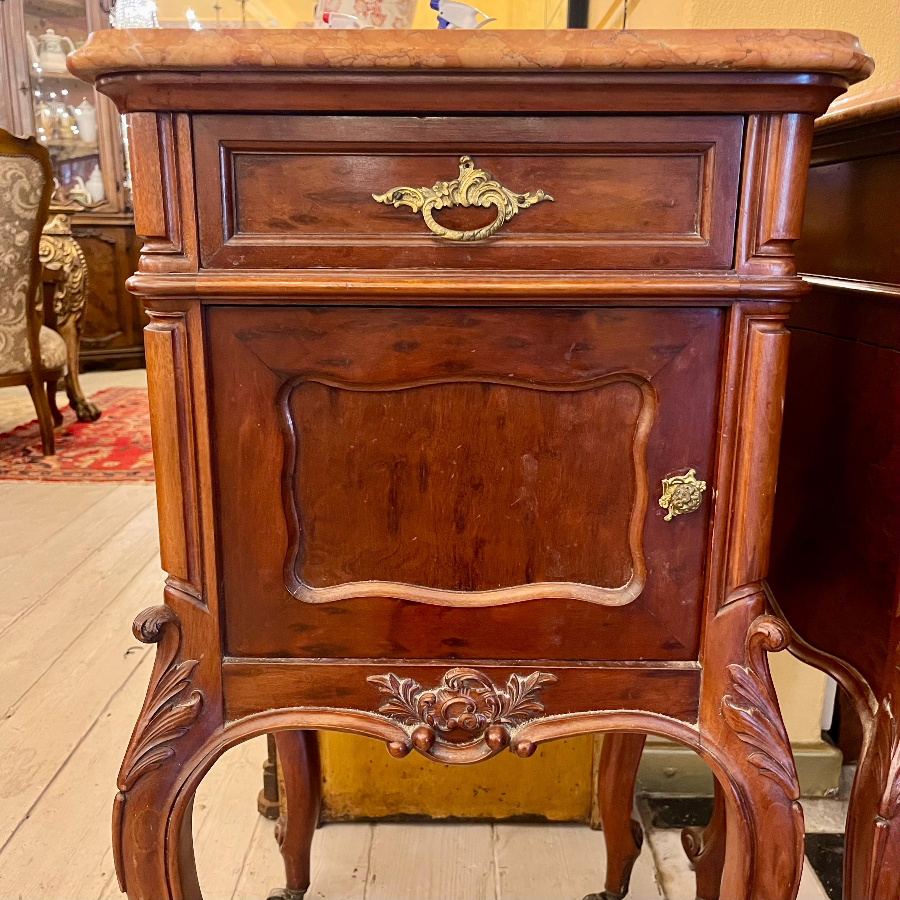 Antique Pair of Louis 15th Bedside Pedestals with Mottled Orange Marble Top