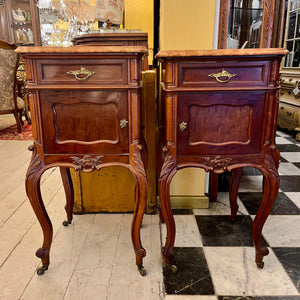 Antique Pair of Louis 15th Bedside Pedestals with Mottled Orange Marble Top