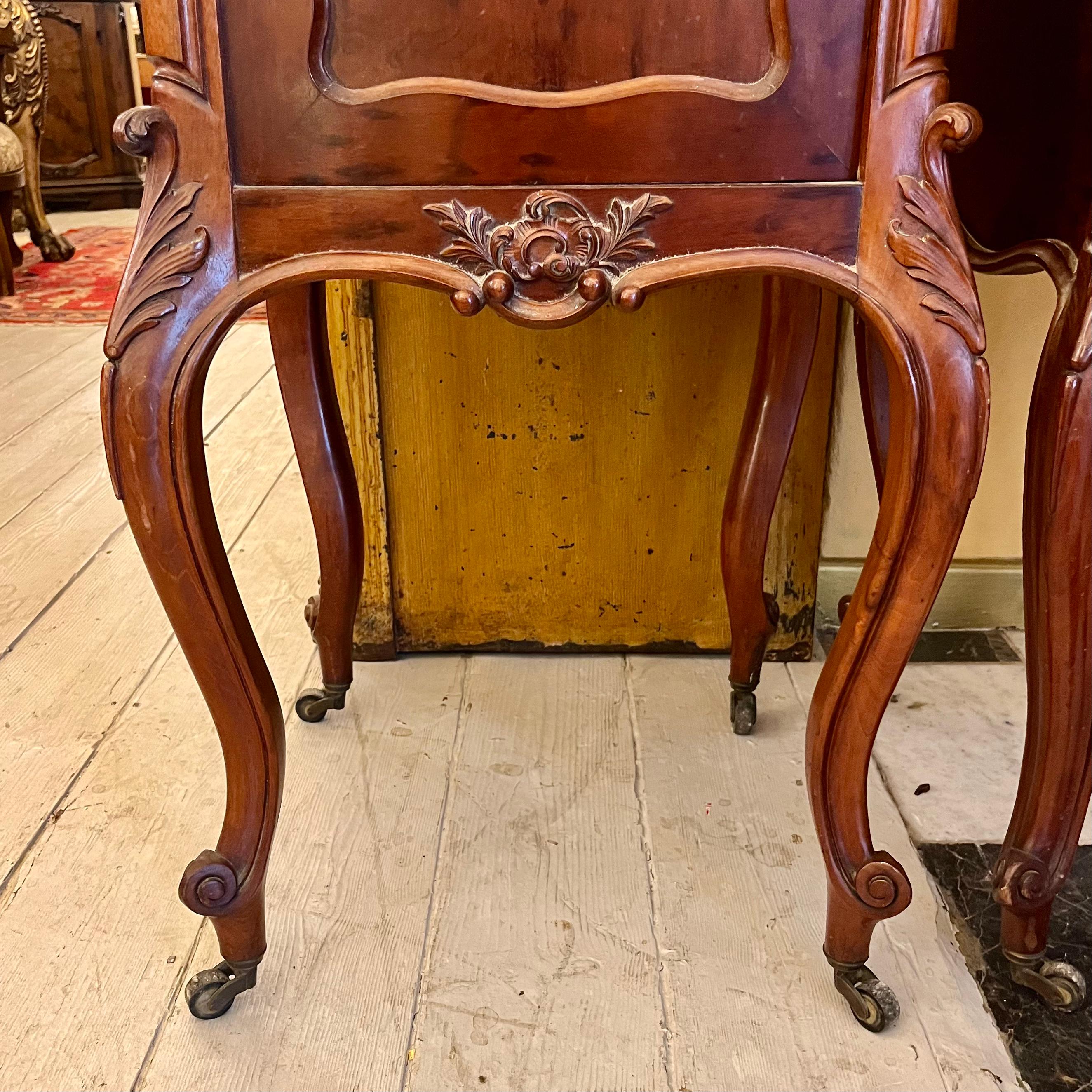 Antique Pair of Louis 15th Bedside Pedestals with Mottled Orange Marble Top