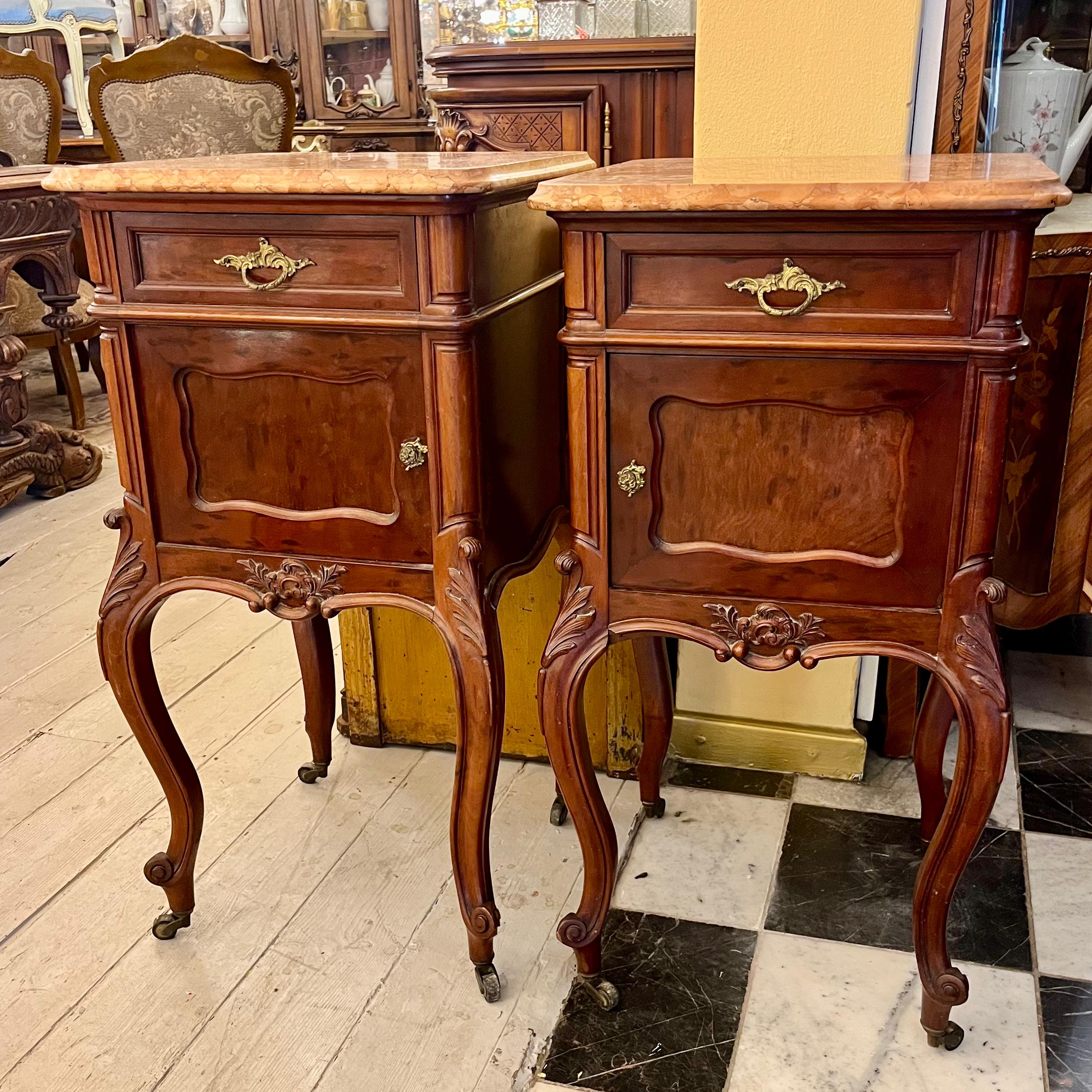 Antique Pair of Louis 15th Bedside Pedestals with Mottled Orange Marble Top