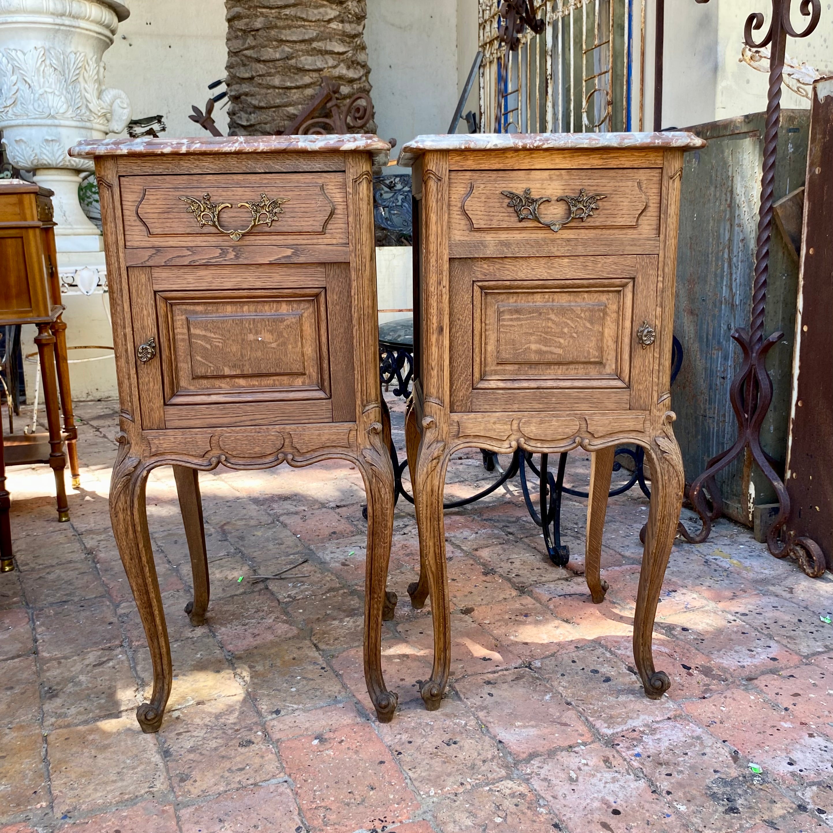 Pretty Antique Bedside Pedestals with Mottled Marble Top