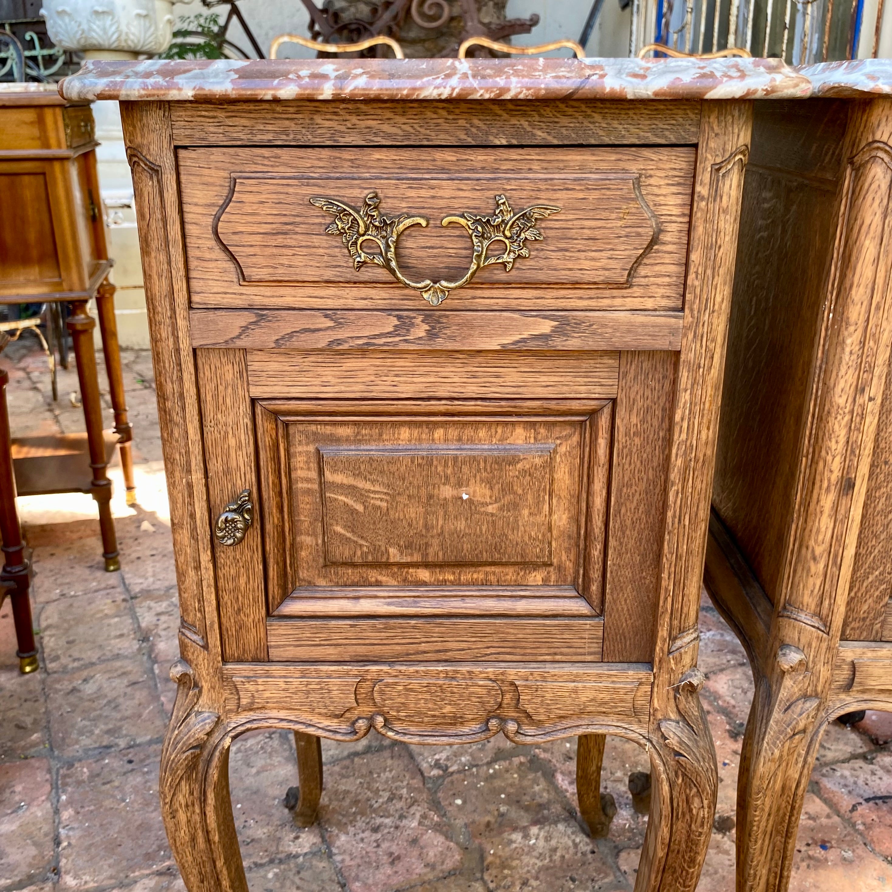 Pretty Antique Bedside Pedestals with Mottled Marble Top